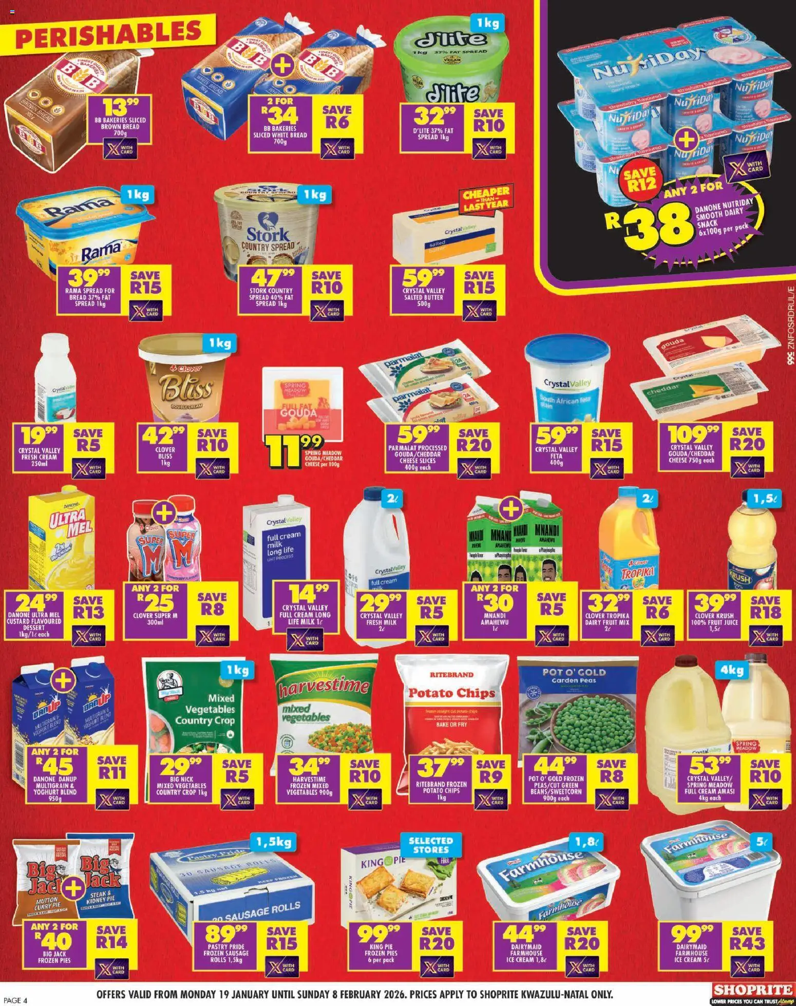 New Shoprite catalogue – valid from 19.01.2026 | Page: 4 | Products: Yoghurt, Juice, Chips, Máscara de pestañas