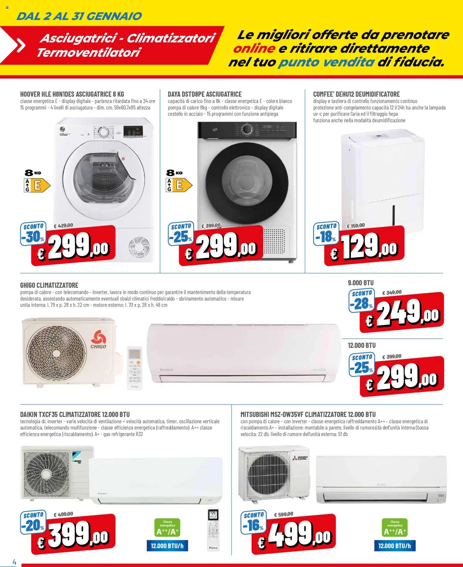 Volantino A&O del 02.01.2026 | Pagina: 4 | Prodotti: Deumidificatore, Telecomando, Asciugatrice, Lampada