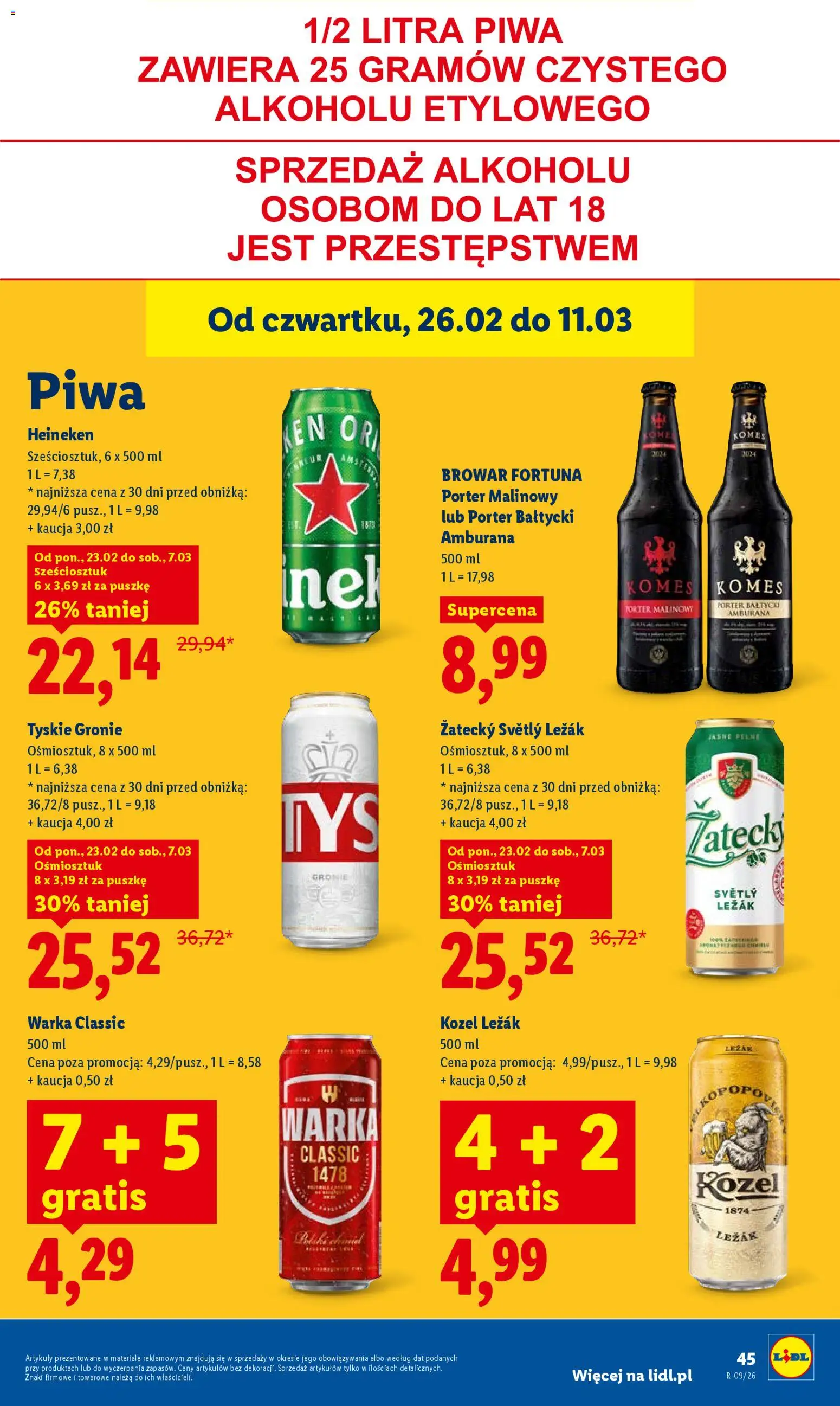 Lidl Gazetka od 26.02.2026 | Strona: 45 | Produkty: Leżak, Warka, Tyskie, Heineken