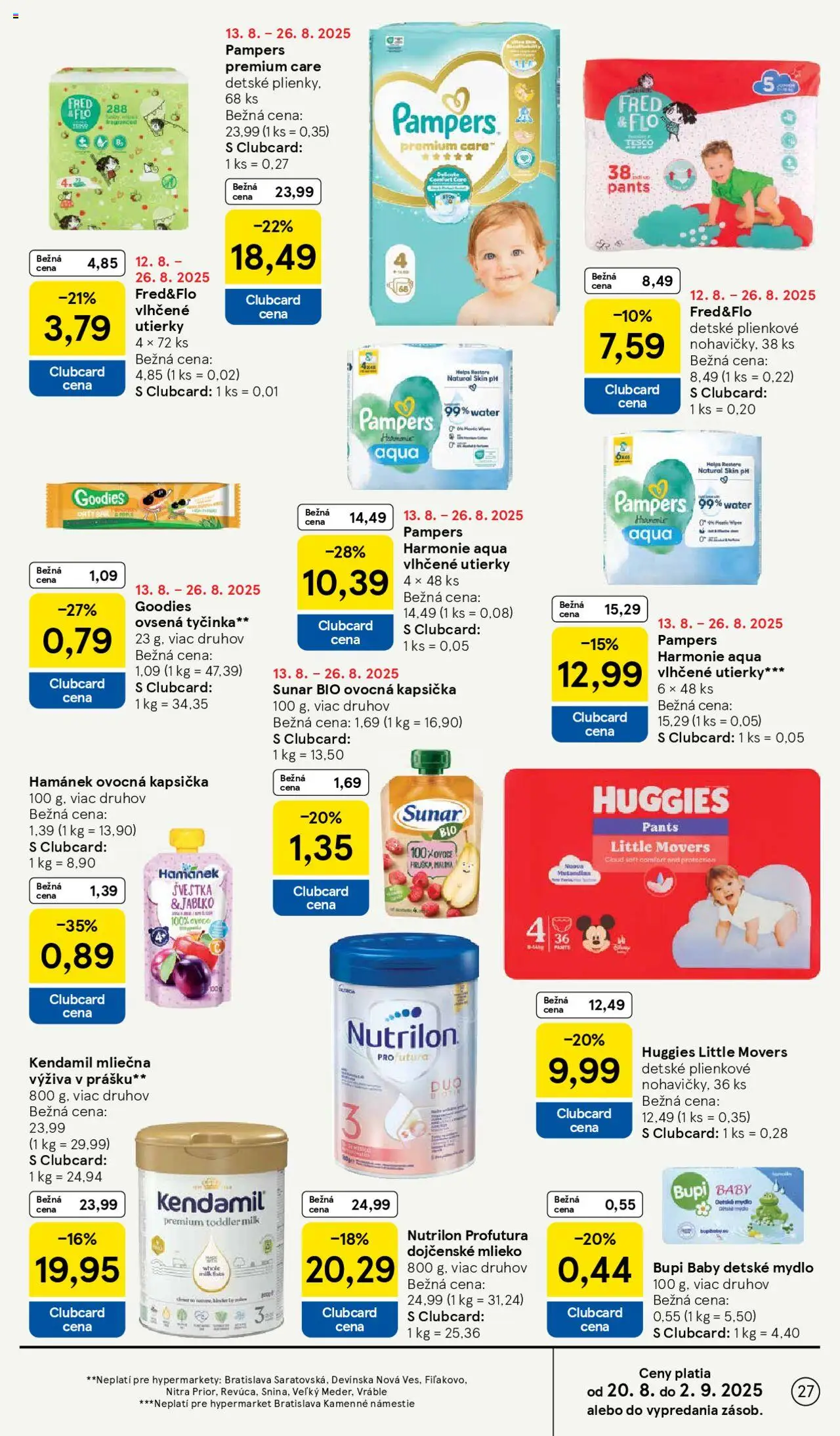 Tesco Hypermarket - leták │ platný od 20.08.2025 | Strana: 27 | Produkty: Pampers Premium Care, Nutrilon, Mydlo, Pampers