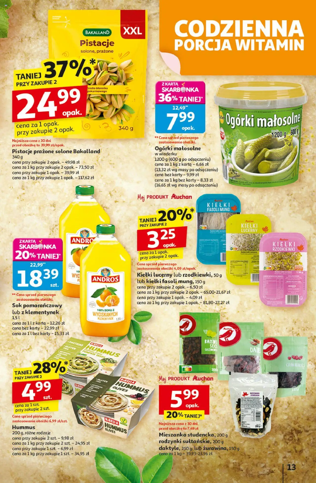 Auchan Gazetka - Odlotowe ceny na start szkoły Hipermarket od 28.08.2025 | Strona: 13 | Produkty: Karta, Sok pomarańczowy, Sok, Rodzynki