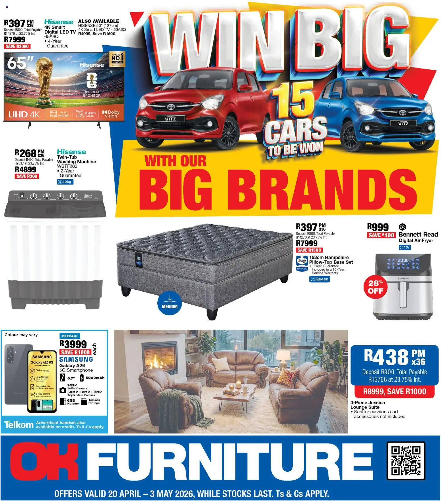 New OK Furniture catalogue – valid from 20.04.2026 | Page: 1 | Products: Camera, Fryer, TV, Lounge suite