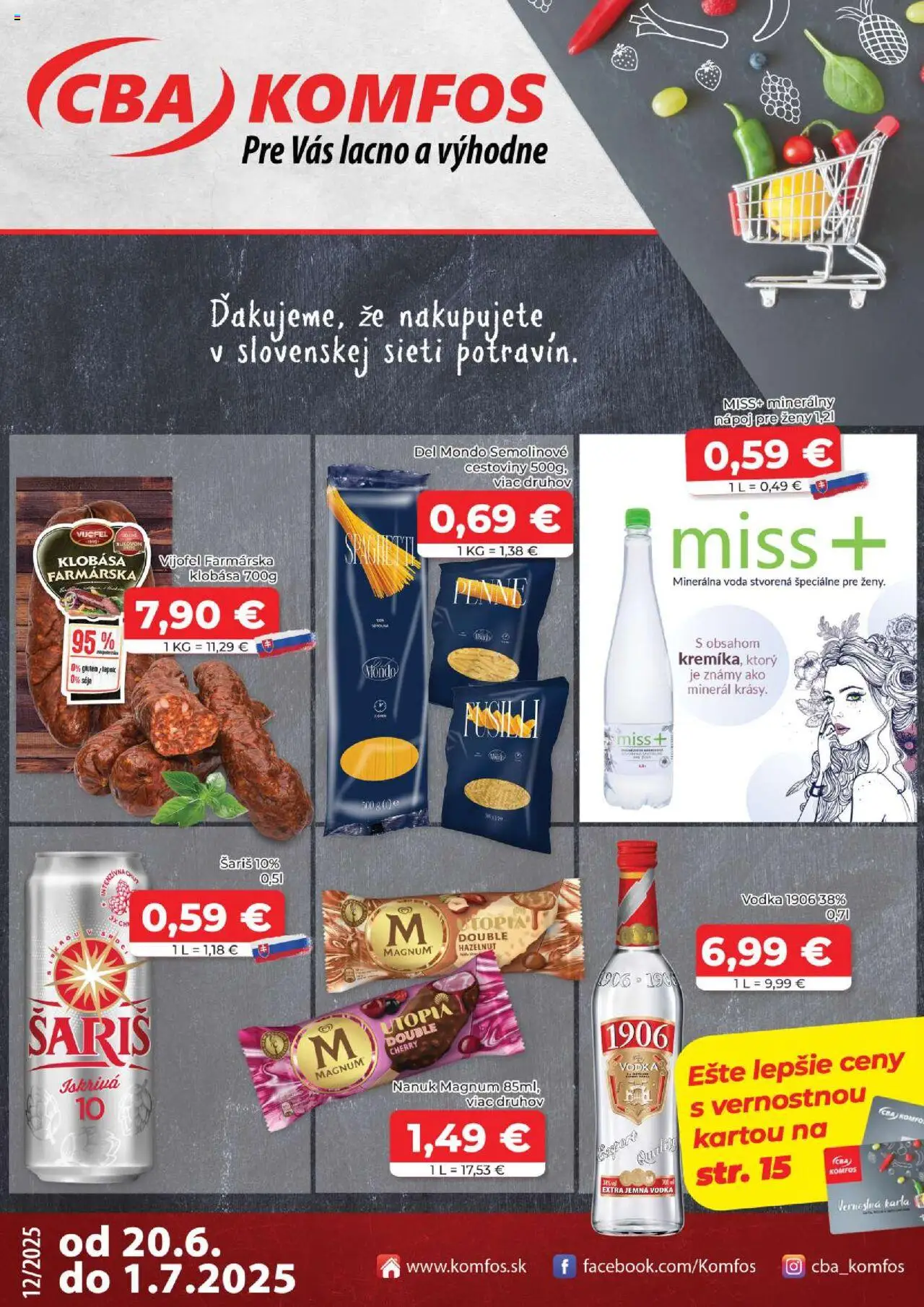 CBA Komfos leták │ platný od 20.06.2025 | Strana: 1 | Produkty: Pivo, Cestoviny, Nanuk, Vodka