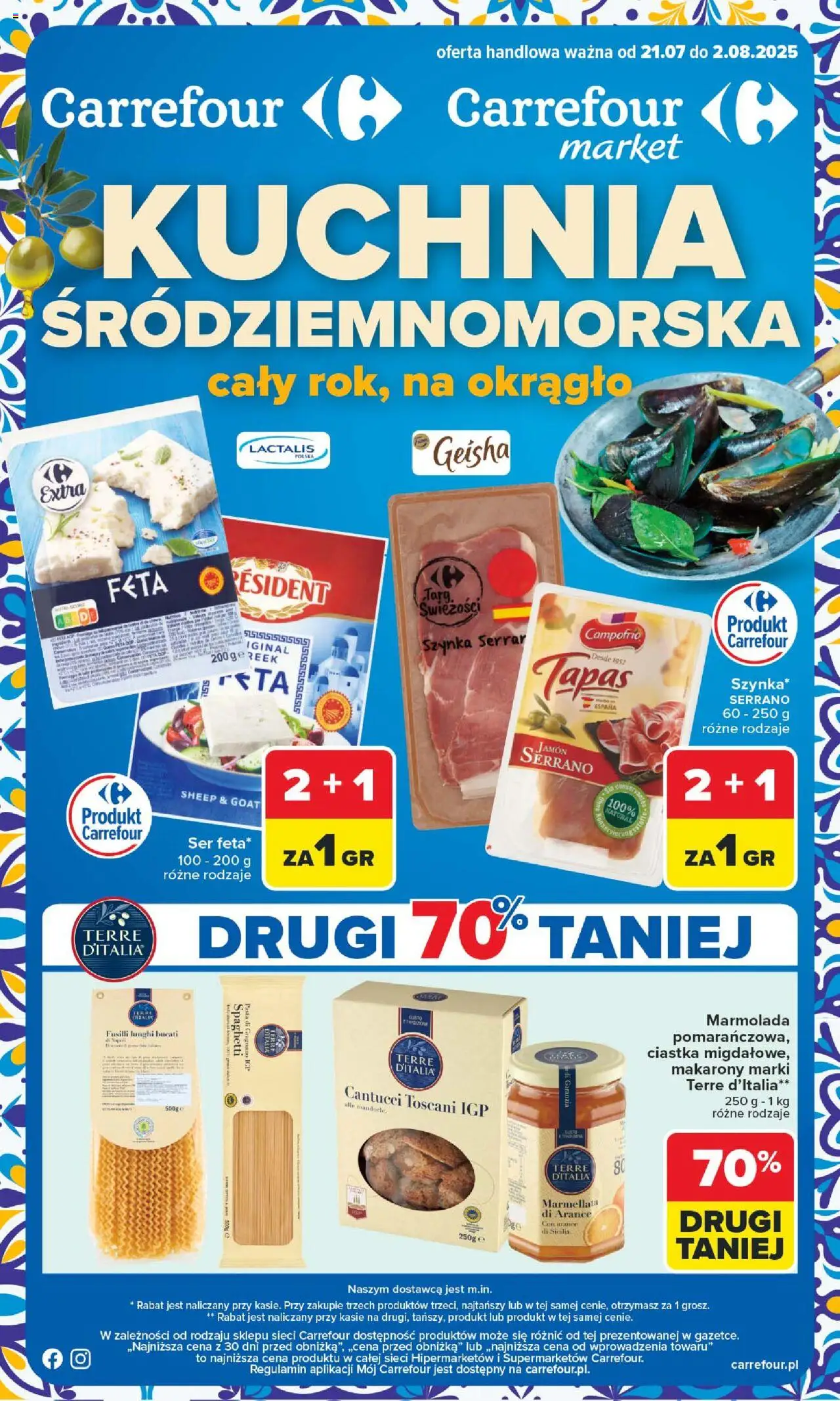 Carrefour Gazetka - Kuchnia śródziemnomorska od 21.07.2025 | Strona: 1 | Produkty: Szynka, Ser, Makarony, Ciastka