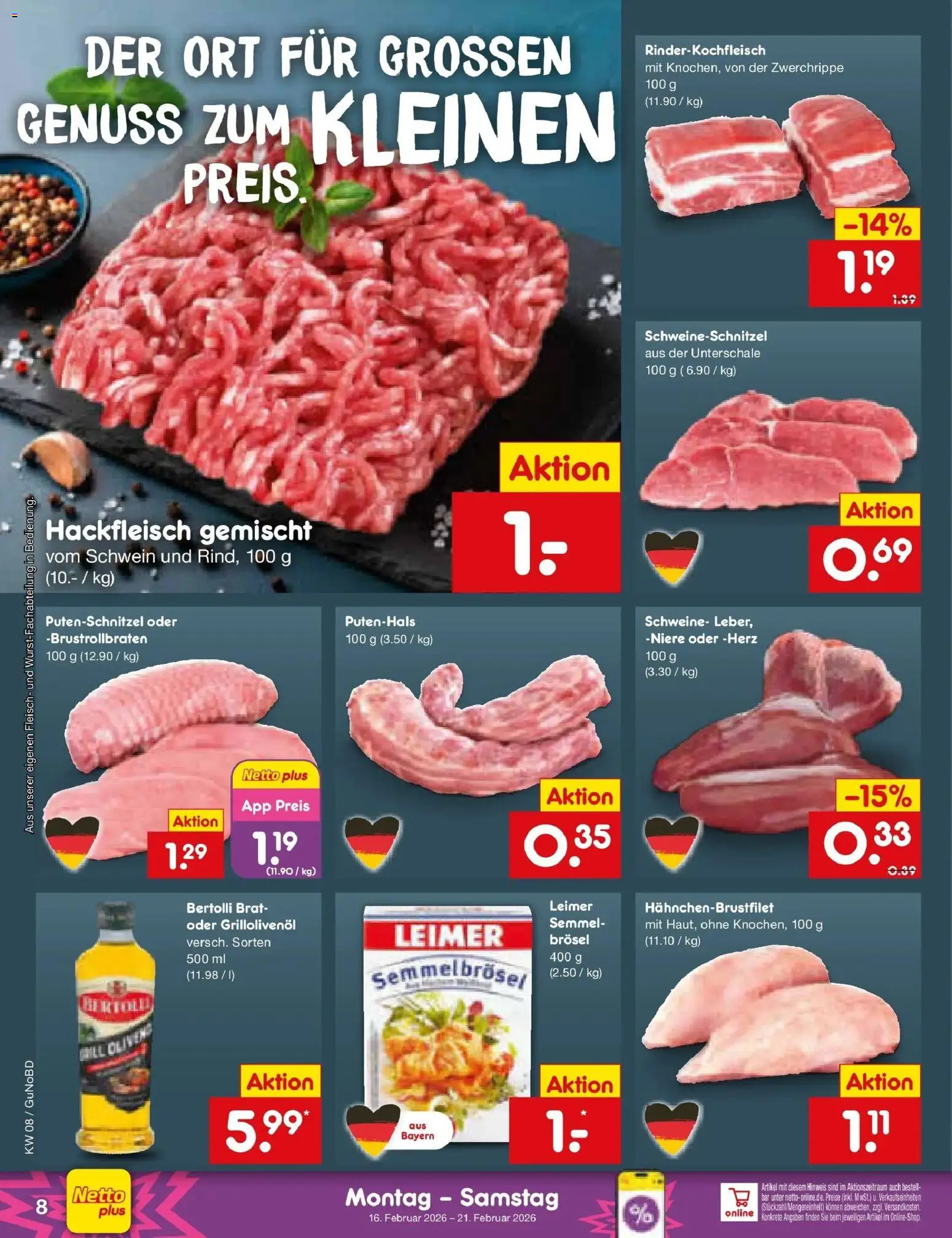 Netto Marken-Discount prospekt Augustusburg	 – gültig ab 16.02.2026 | Seite: 8 | Produkte: Putenschnitzel, Fleisch, Hackfleisch