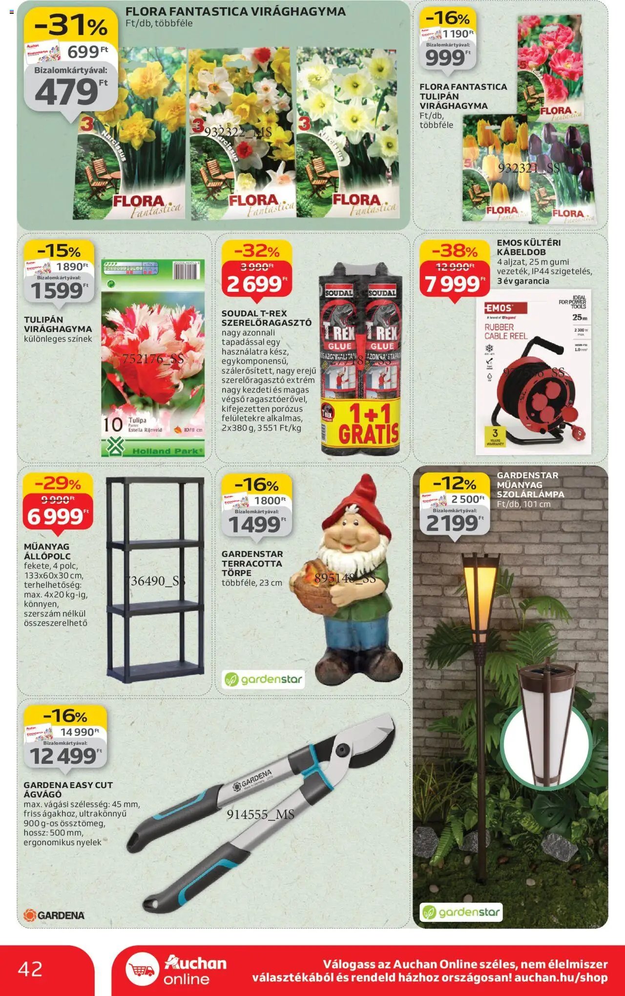 Auchan akciós ujság - amely érvényes a következő dátumtól: 28.08.2025 | Oldal: 42 | Termékek: Tulipán, Állópolc, Szolárlámpa, Ágvágó