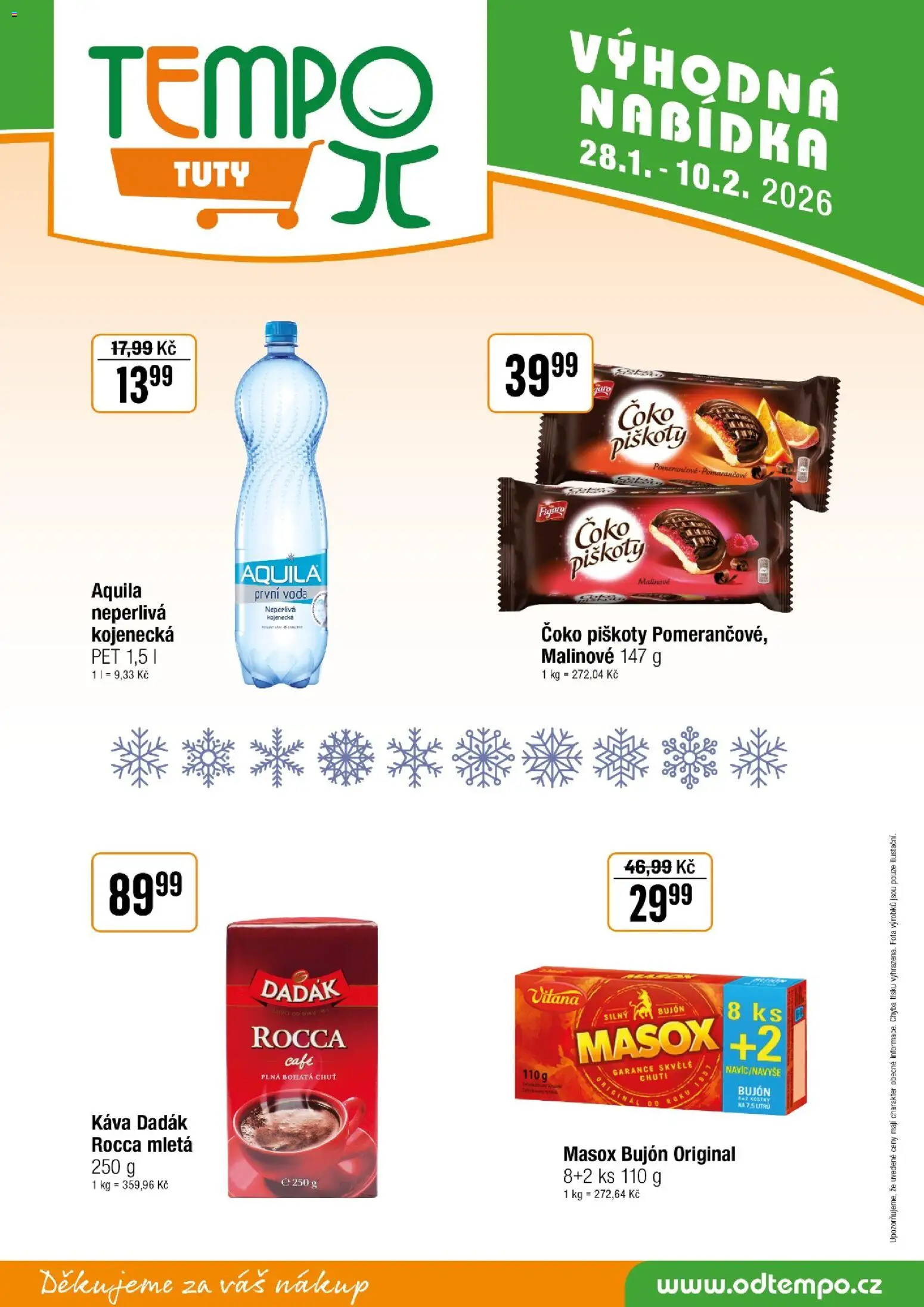 Tempo leták - Tuty od 28.01.2026 | Strana: 12 | Produkty: Voda, Piškoty, Masox, Aquila