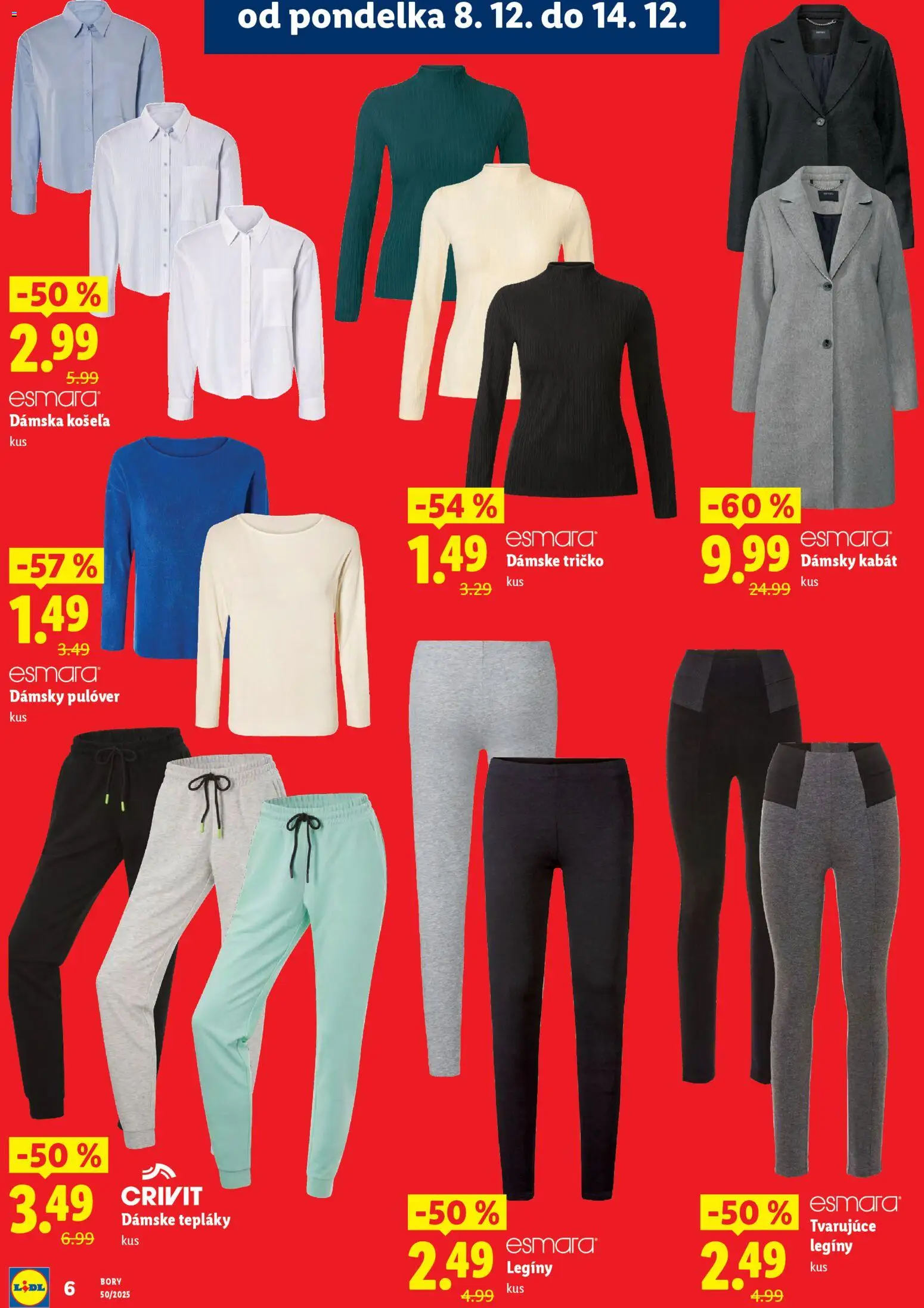 Nové Lidl akcie – leták je platný od 08.12.2025 | Strana: 6 | Produkty: Tričko, Košeľa, Kabát, Legíny