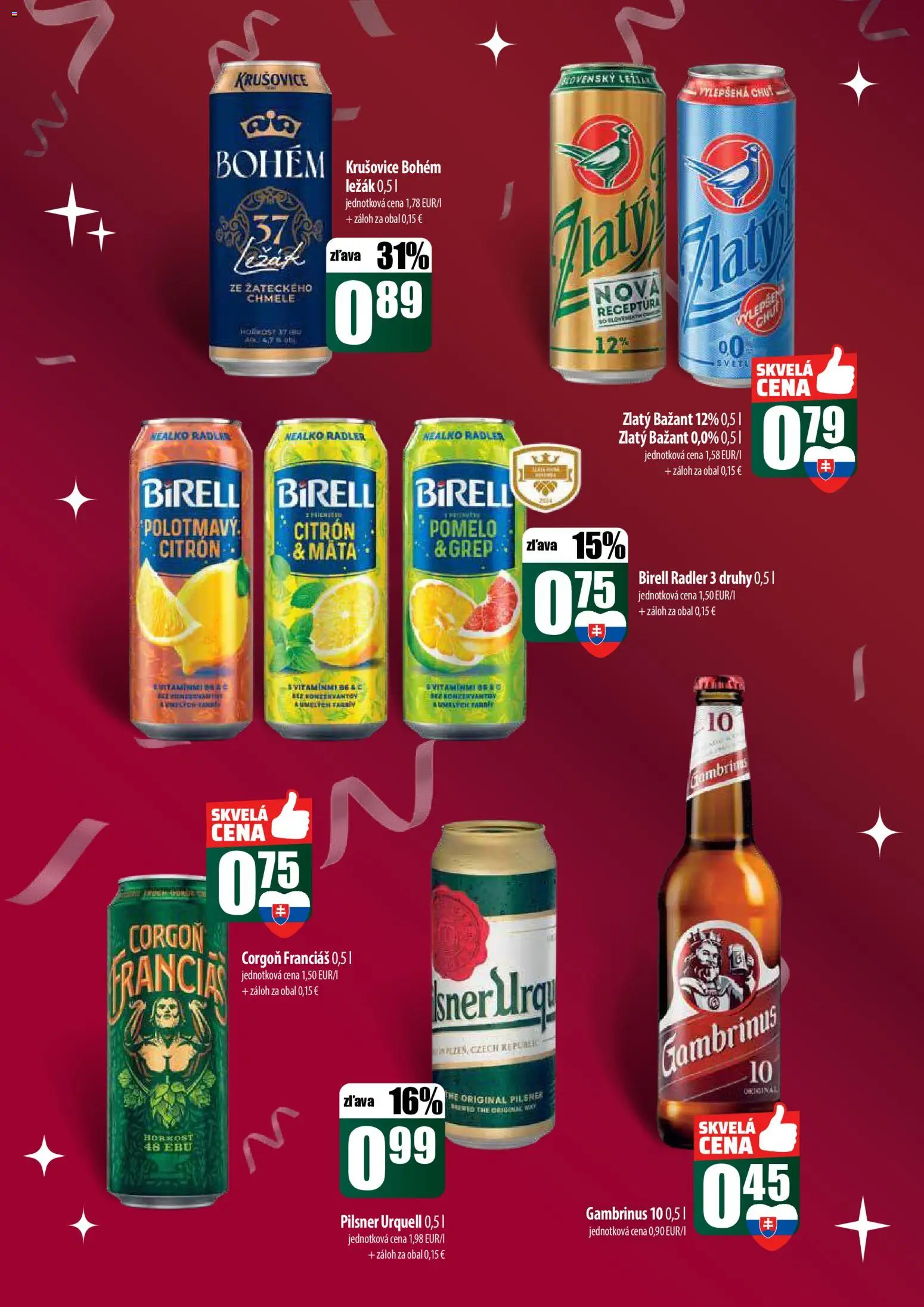 Nové COOP Jednota akcie – leták je platný od 22.12.2025 | Strana: 48 | Produkty: Pilsner Urquell, Birell, Zlatý Bažant, Grep