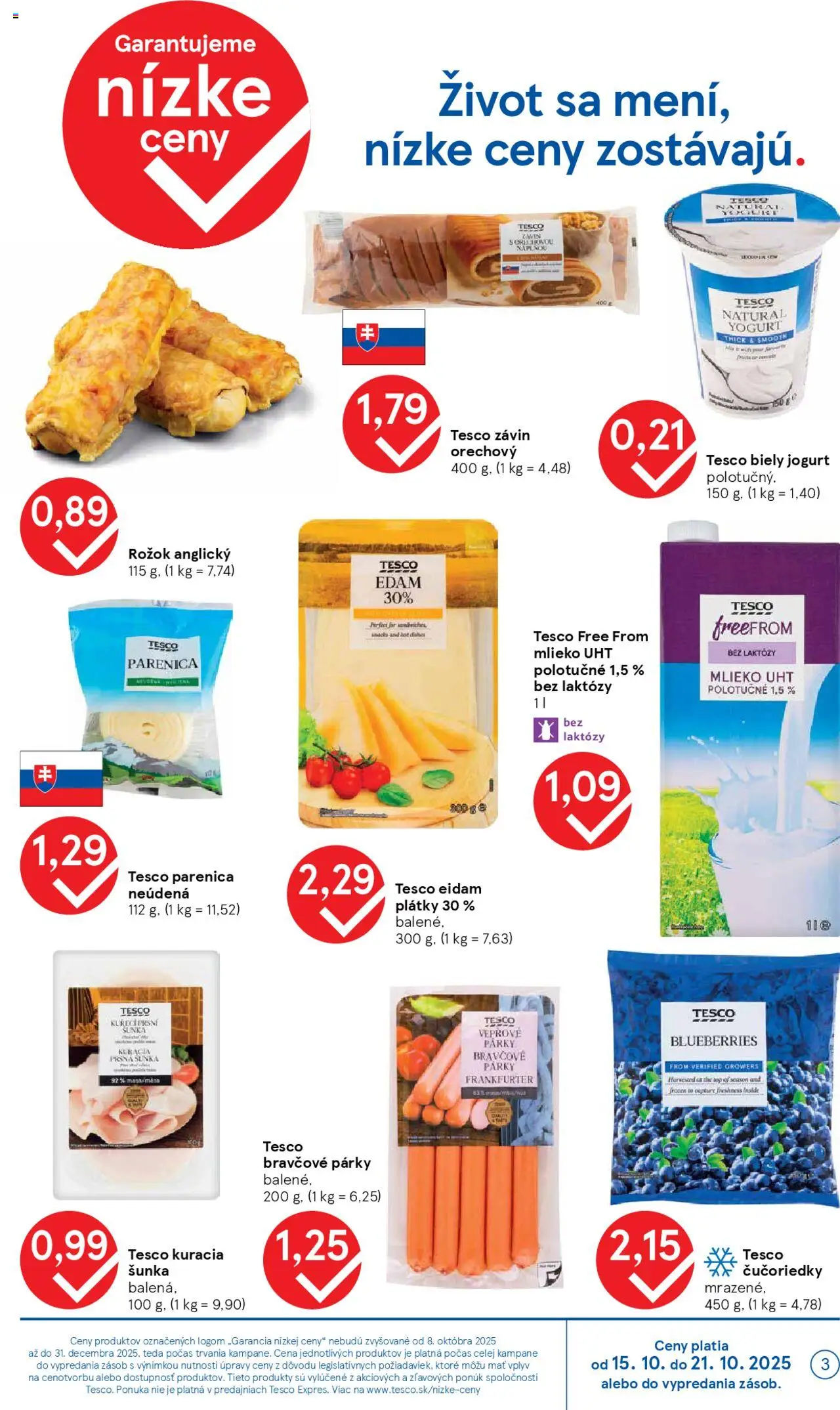 Nové Tesco akcie – leták je platný od 15.10.2025 | Strana: 3 | Produkty: Mlieko, Šunka, Závin, Čučoriedky