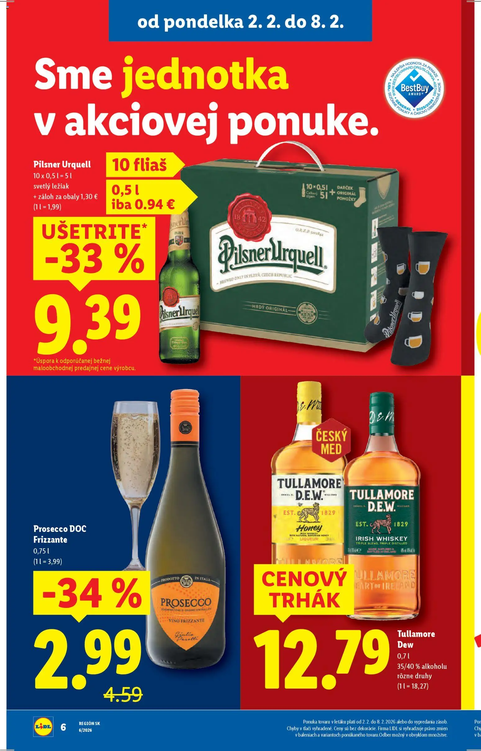Nové Lidl akcie – leták je platný od 05.02.2026 | Strana: 14 | Produkty: Pilsner Urquell, Prosecco, Ponožky, Tullamore Dew