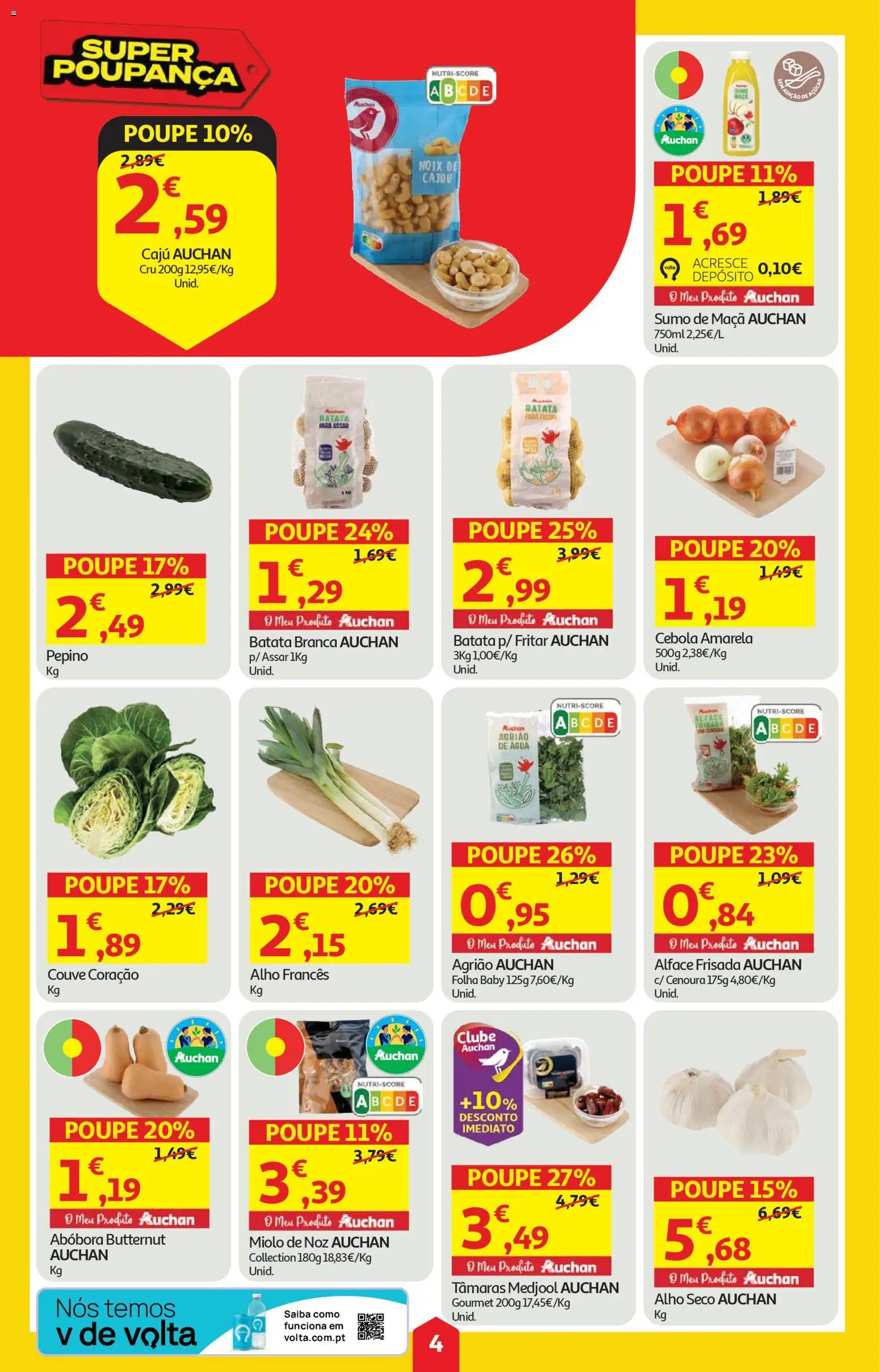 Auchan folheto │ válido de 23.04.2026 | Página: 4 | Produtos: Alho francês, Tâmaras, Sumo, Alface