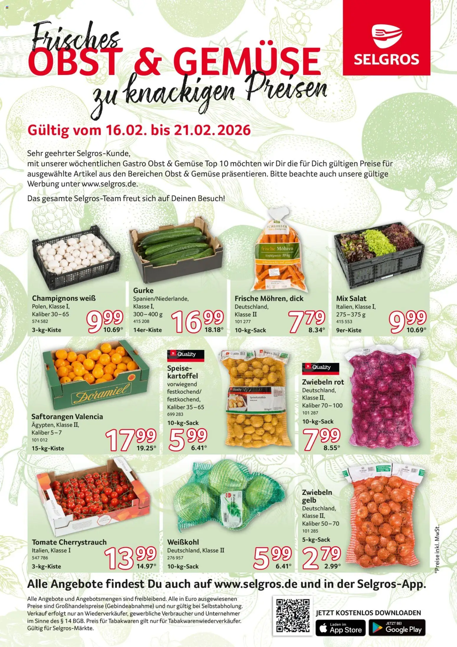 Selgros Frischeangebot – gültig ab 16.02.2026 | Seite: 4 | Produkte: Champignons, Zwiebeln, Gemüse, Obst