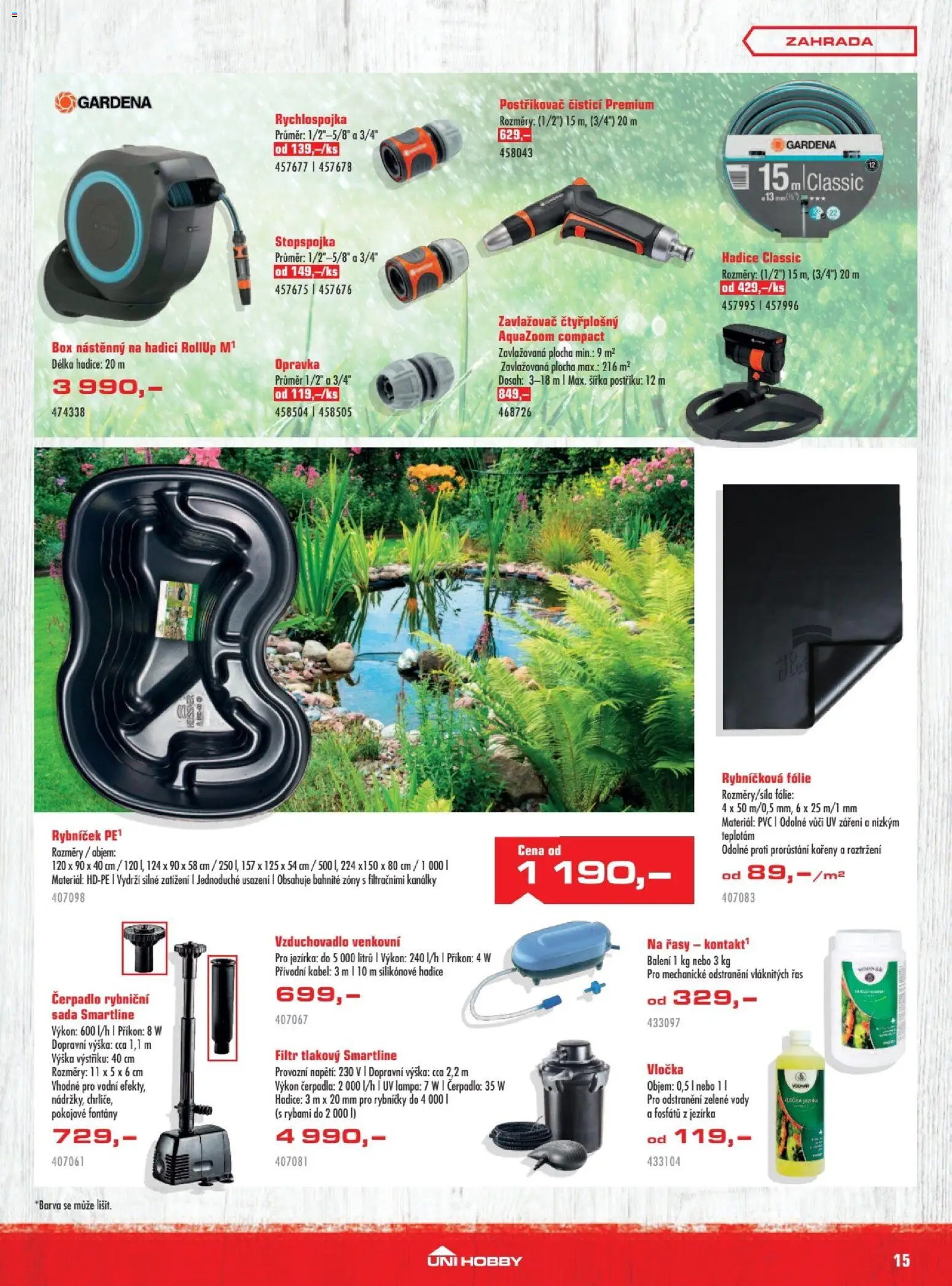 Uni Hobby leták od 30.04.2026 | Strana: 15 | Produkty: Hadice, Čerpadlo, Lampa, Postřikovač