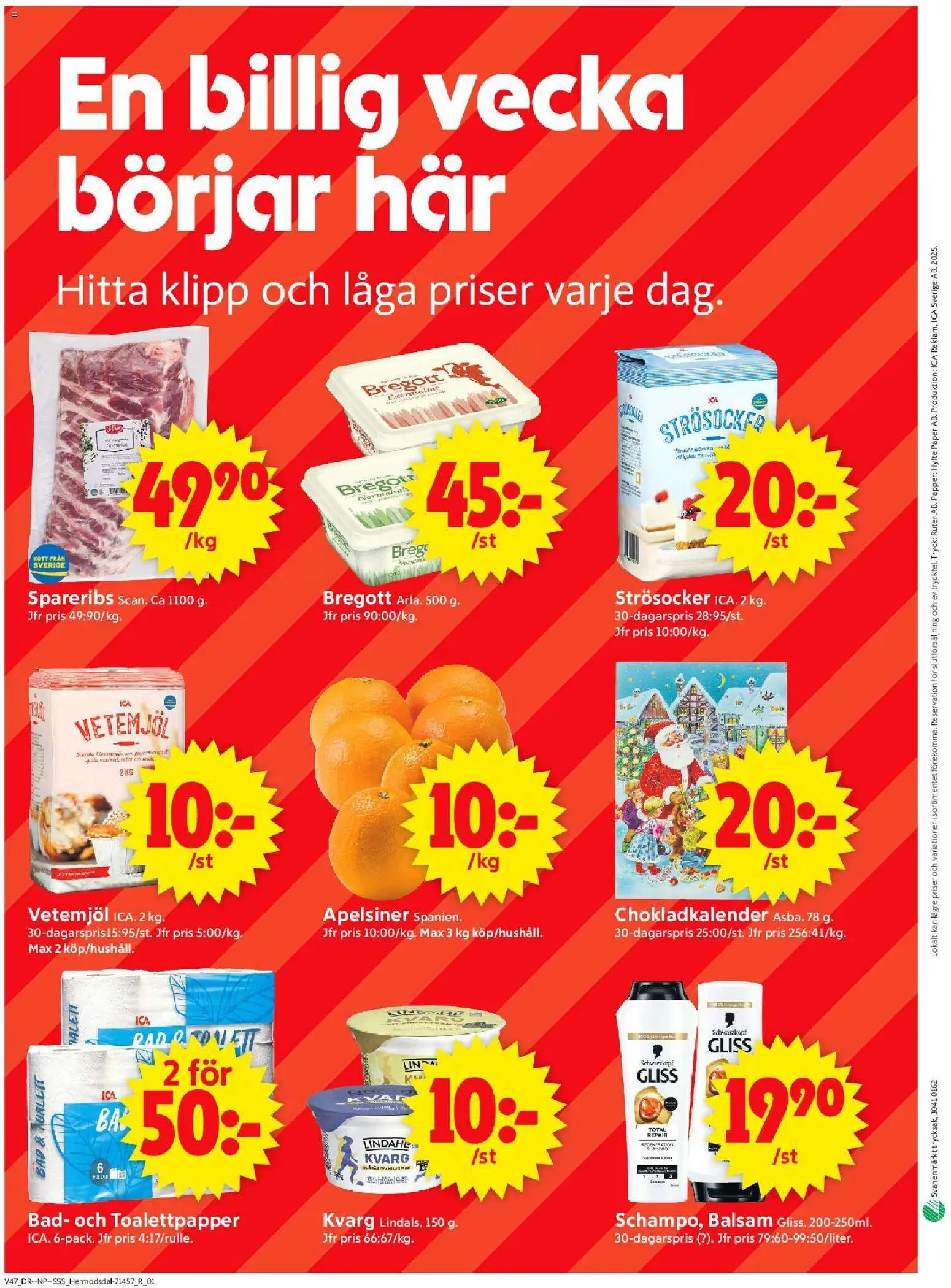 ICA Supermarket reklamblad aktuell från 17.11.2025 | Sida: 10 | Produkter: Strösocker, Balsam, Toalettpapper, Papper