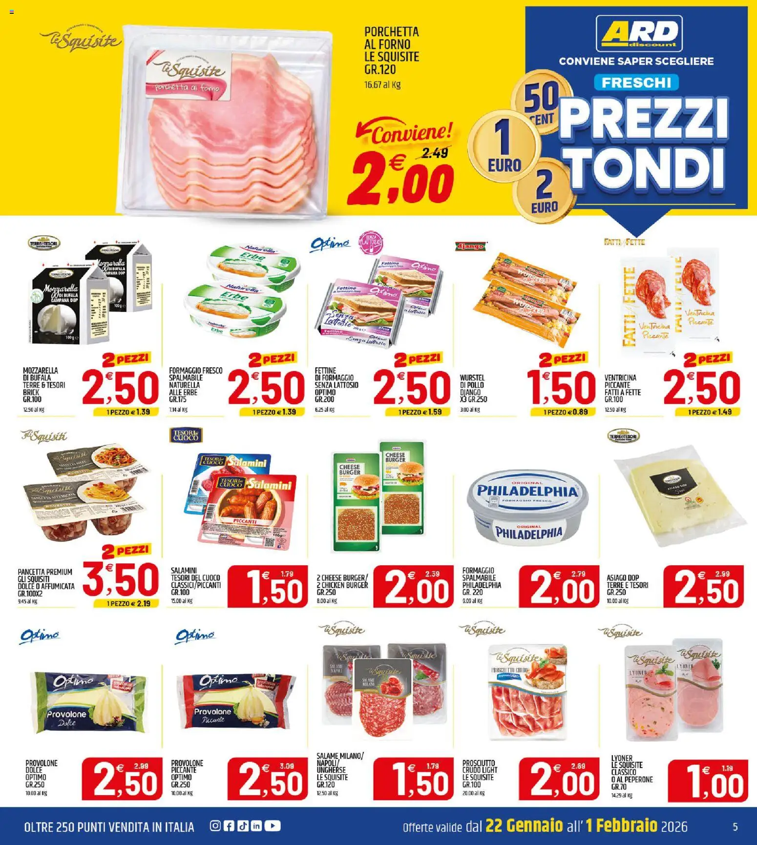 Volantino ARD Discount del 22.01.2026 | Pagina: 5 | Prodotti: Pollo, Pancetta, Formaggio, Wurstel