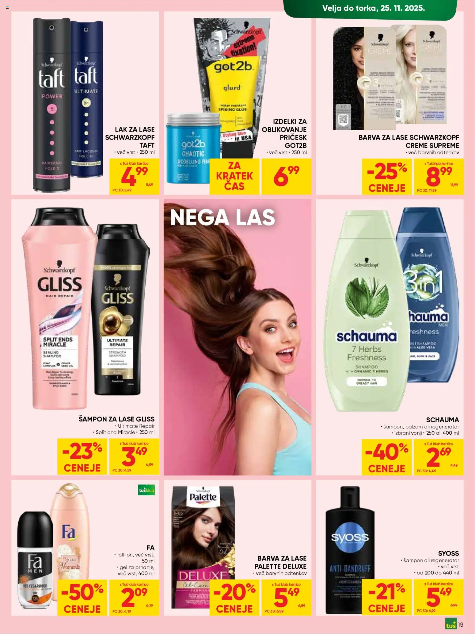 Novi Tuš katalog ponudbe – veljaven od 12.11.2025 | Stran: 19 | Izdelki: Sampon, Lak za lase, Barva za lase, Lak