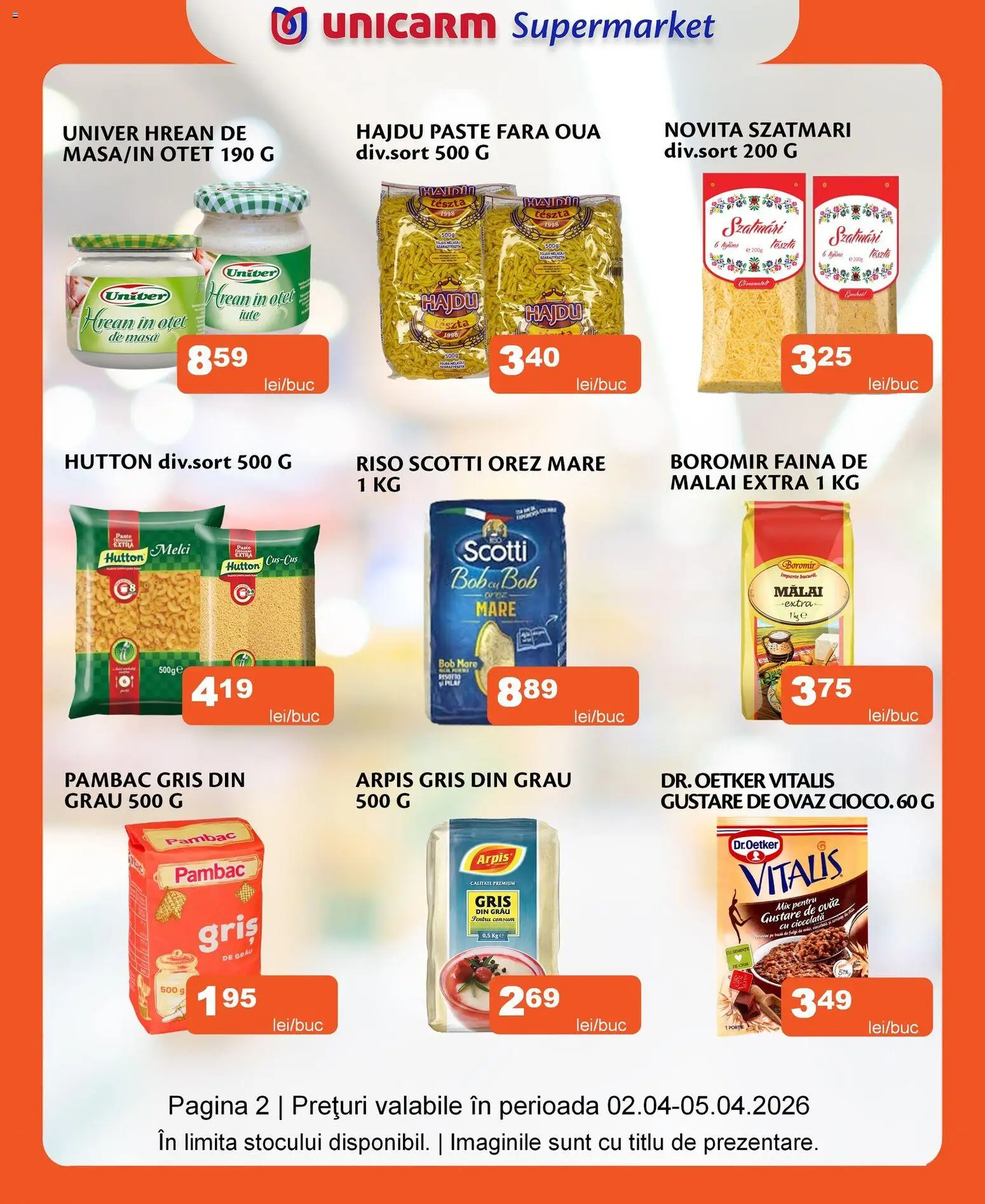 Noul catalog Unicarm – valabil de la 02.04.2026 | Pagină: 2 | Produse: Ciocolată, Făină, Mălai, Paste
