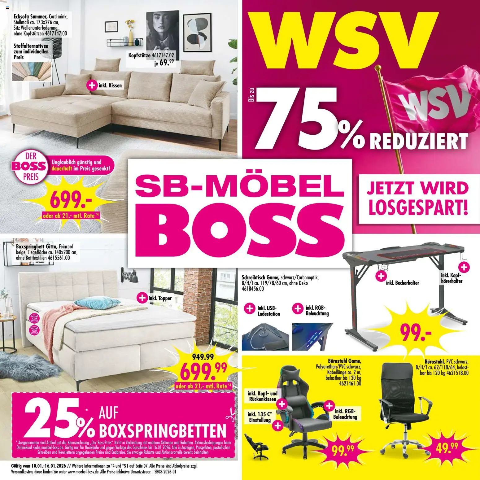SB Möbel Boss Prospekt 	 – gültig ab 10.01.2026 | Seite: 1 | Produkte: USB, Kissen, Boxspringbett, Topper