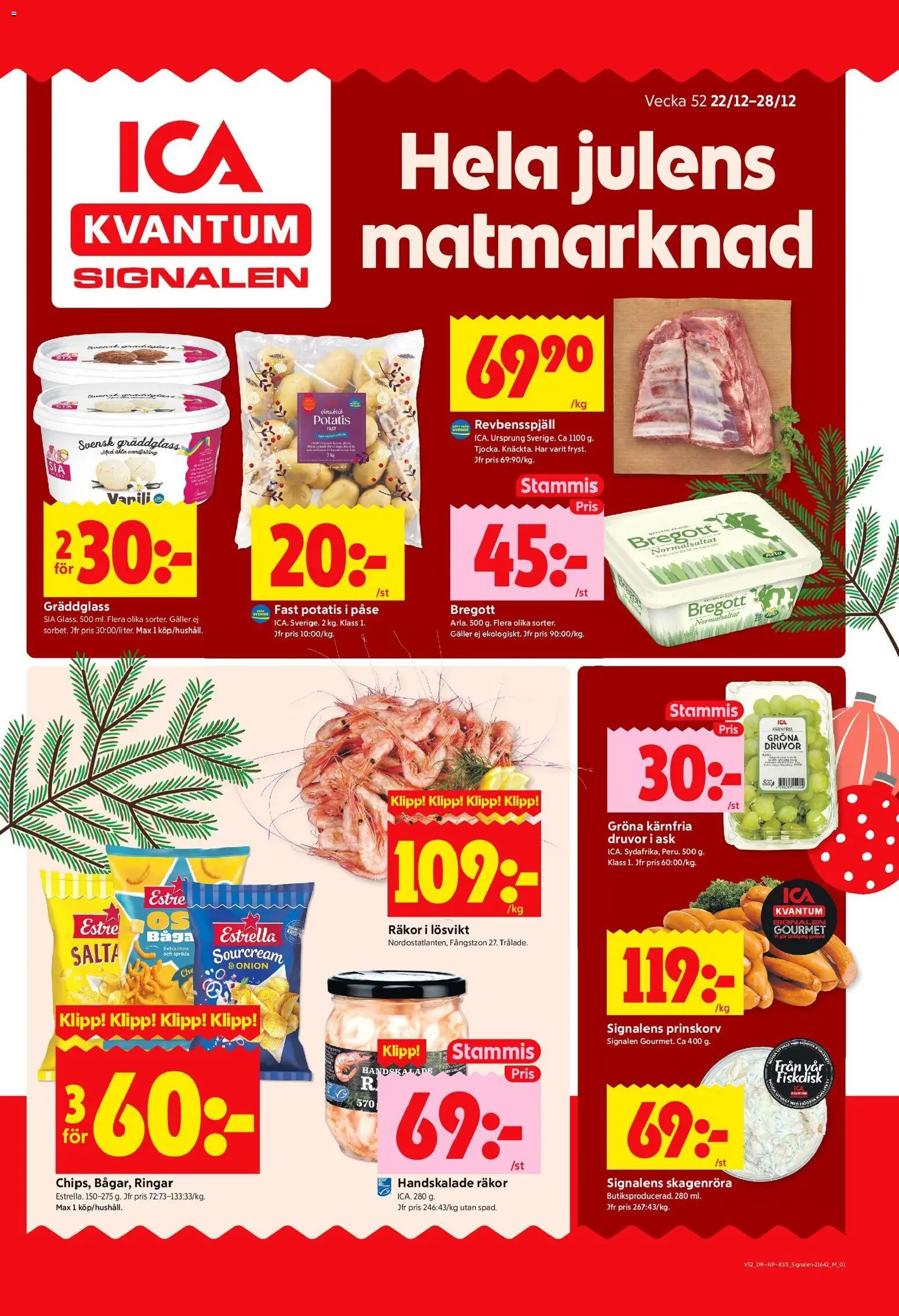 ICA Kvantum reklamblad aktuell från 22.12.2025 | Sida: 1 | Produkter: Prinskorv, Galler, Bregott, Räkor