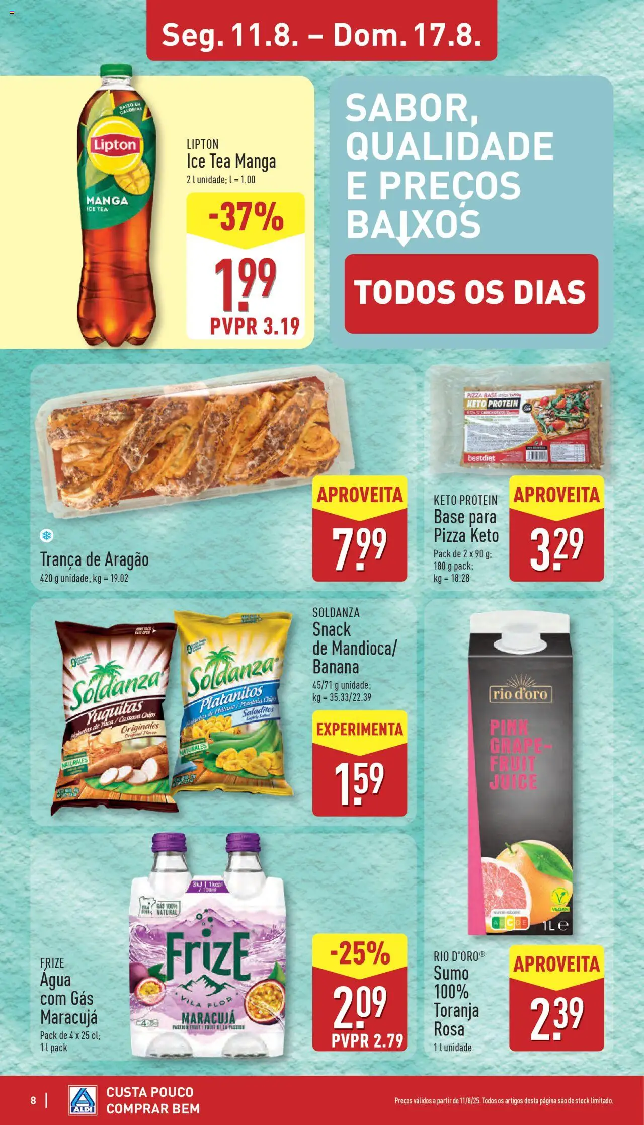 Aldi folheto │ válido de 11.08.2025 | Página: 8 | Produtos: Agua, Banana, Pizza, Sumo