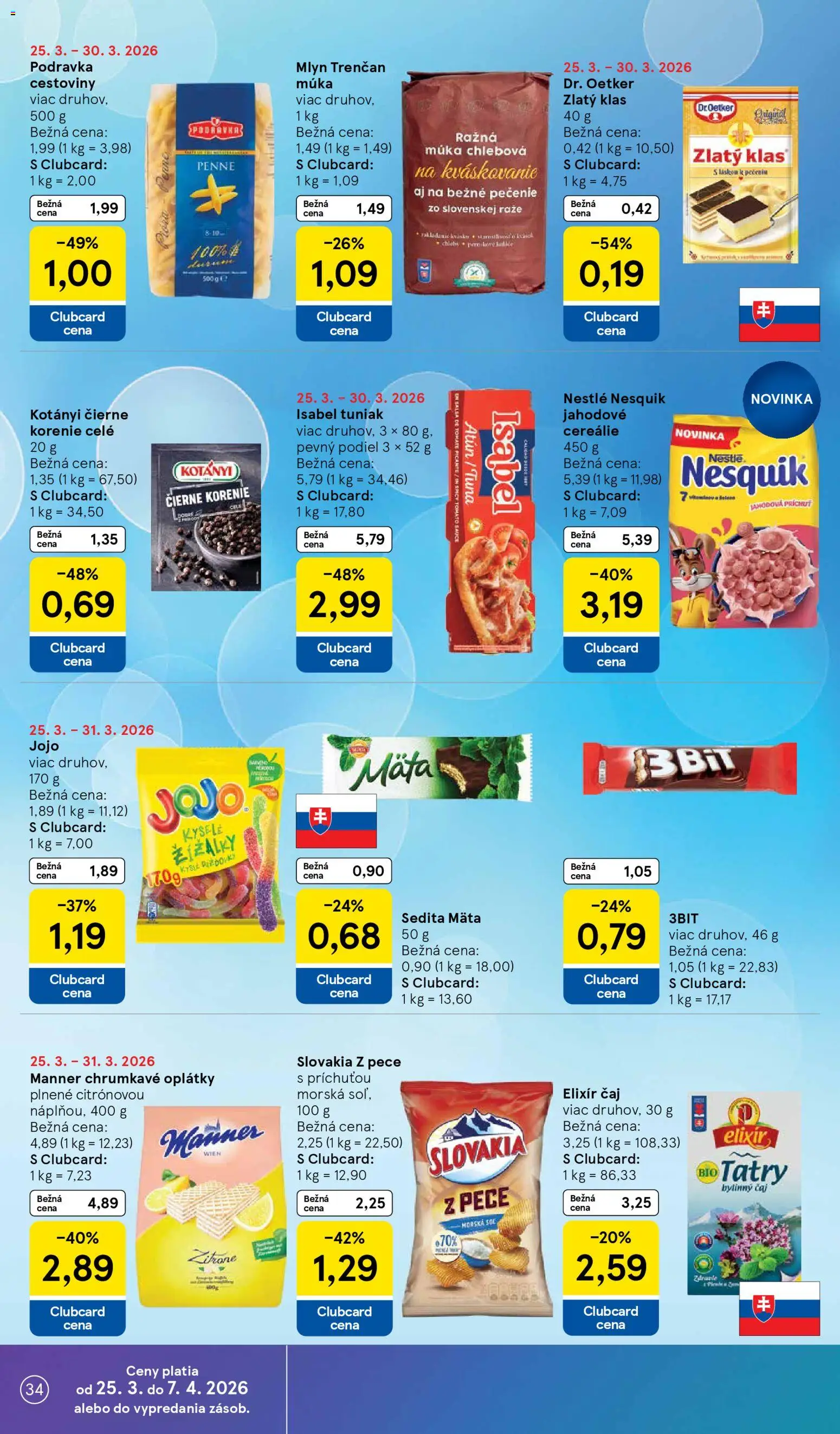 Nové Tesco akcie – leták je platný od 25.03.2026 | Strana: 34 | Produkty: Čaj, Cestoviny, Zlatý klas, Cereálie