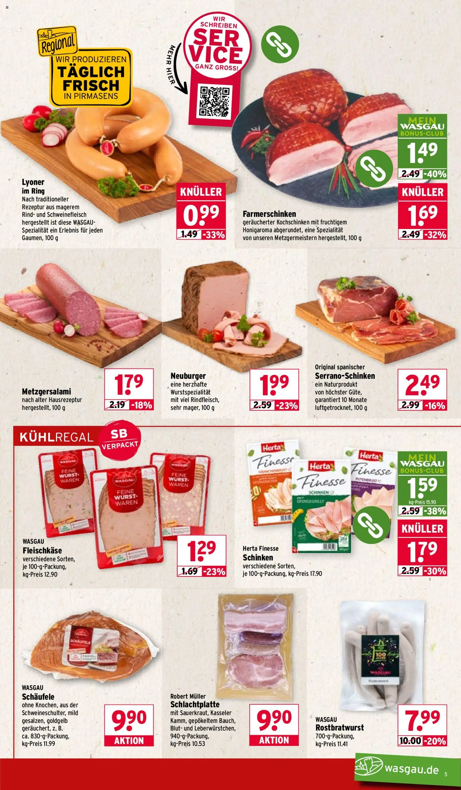 Wasgau Prospekt 	 – gültig ab 19.01.2026 | Seite: 5 | Produkte: Wurst, Schinken, Schweinefleisch, Herta finesse