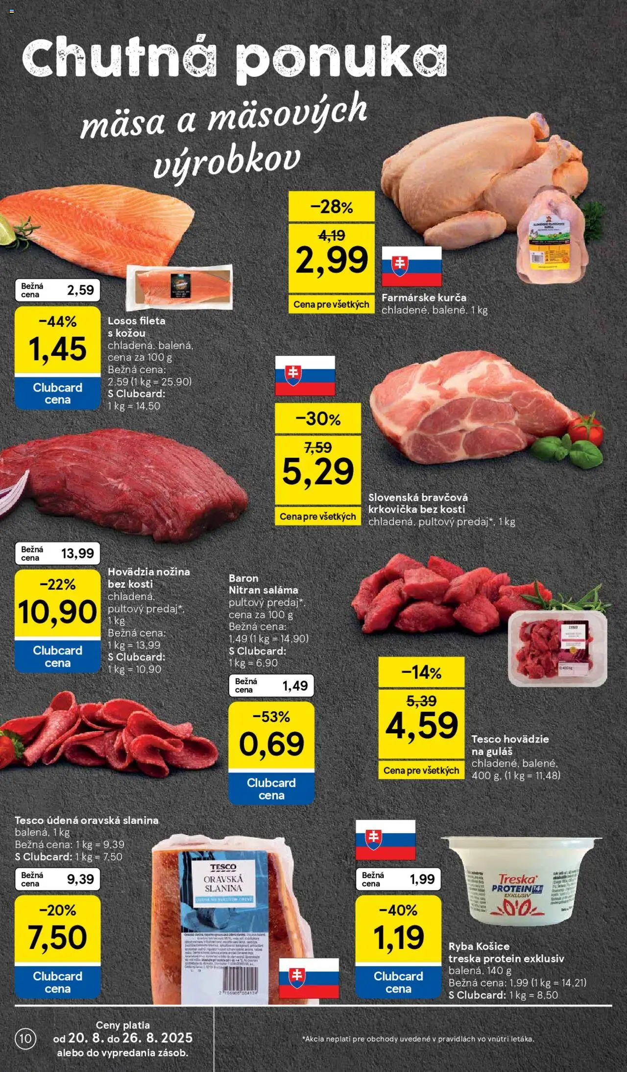 Tesco Hypermarket - leták │ platný od 20.08.2025 | Strana: 10 | Produkty: Slanina, Protein, Losos, Kurča