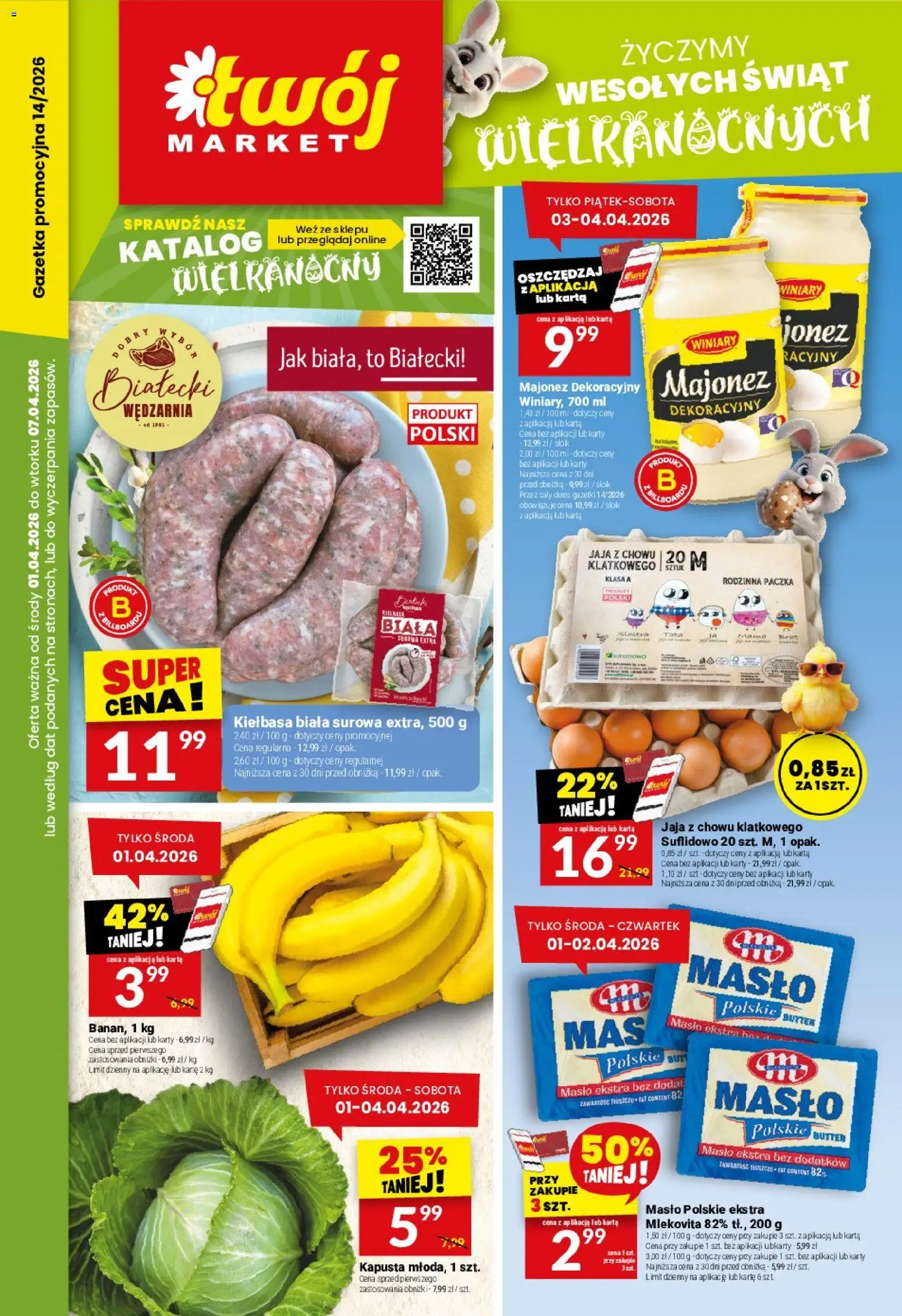Twój Market gazetka od 01.04.2026 | Strona: 1 | Produkty: Kiełbasa, Masło Polskie, Majonez, Jaja