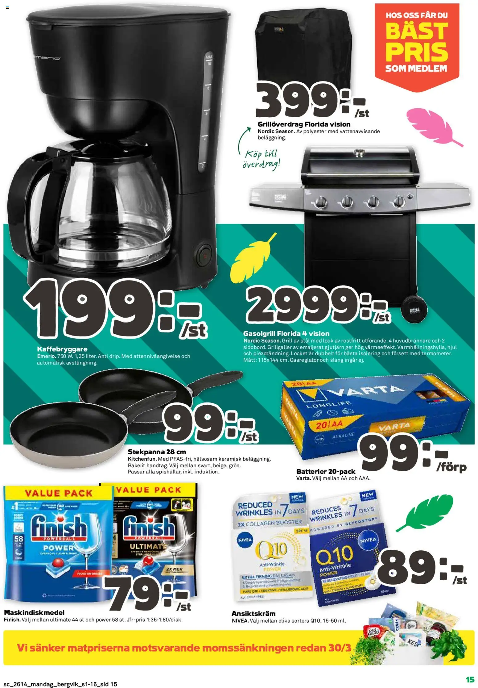 Stora Coop reklamblad aktuell från 30.03.2026 | Sida: 15 | Produkter: Batterier, Kaffebryggare, Gasolgrill, Ansiktskräm