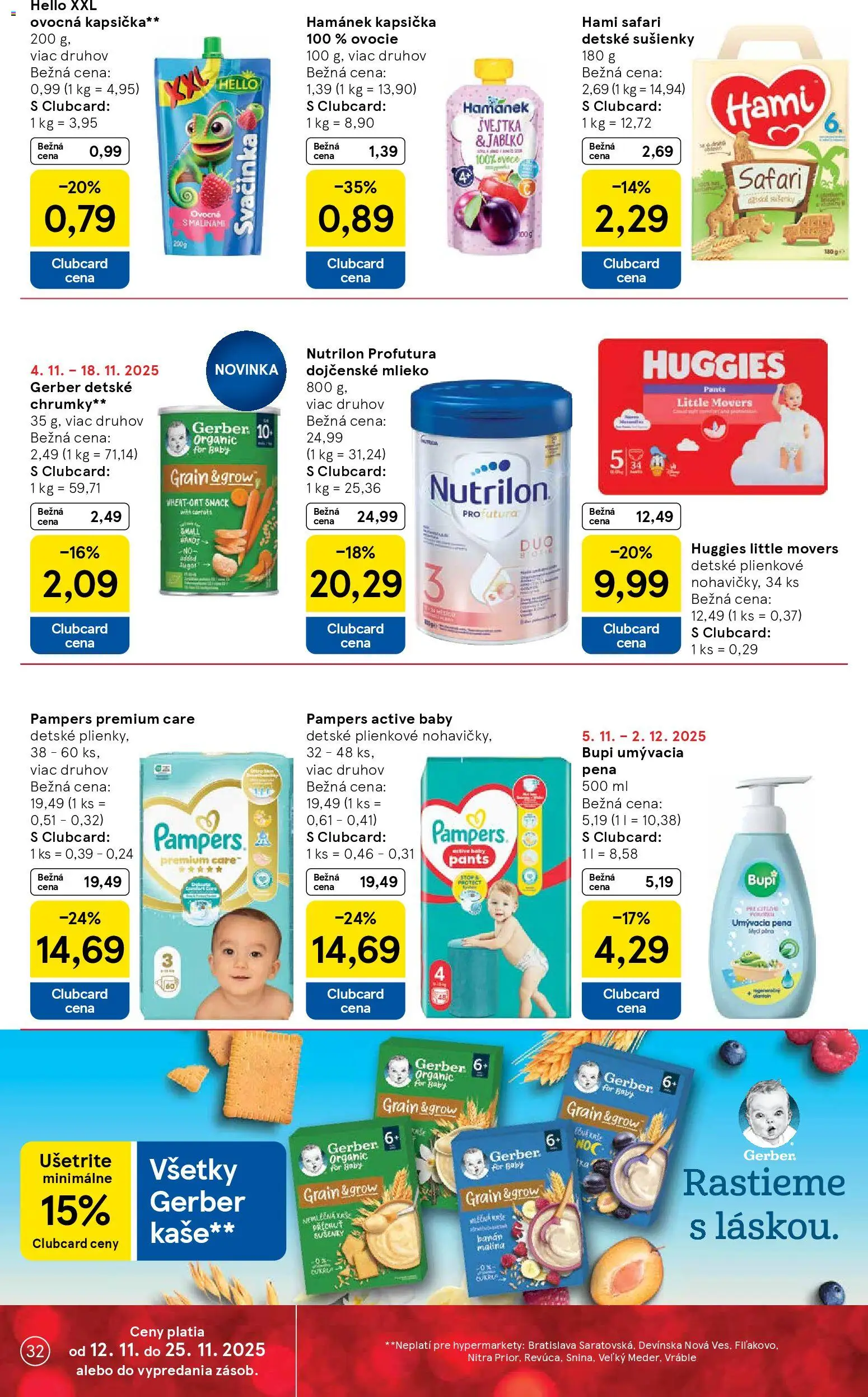 Nové Tesco akcie – leták je platný od 12.11.2025 | Strana: 32 | Produkty: Mlieko, Pampers Premium Care, Nohavičky, Pampers