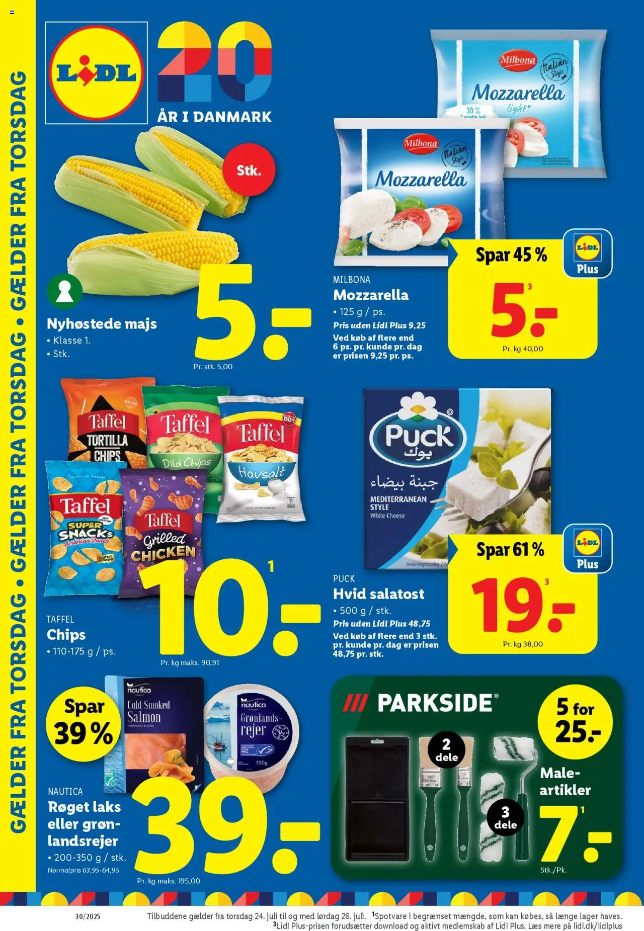 Lidl Tilbudsavis gyldig fra 24.07.2025 | Side: 1 | Produkter: Chips, Majs, Mozzarella, Rejer
