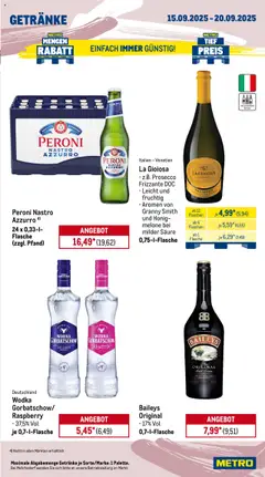 Metro Wochen-Angebote Gastro – gültig ab 15.09.2025 | Seite: 15 | Produkte: Prosecco, Baileys, Melone, Wodka gorbatschow
