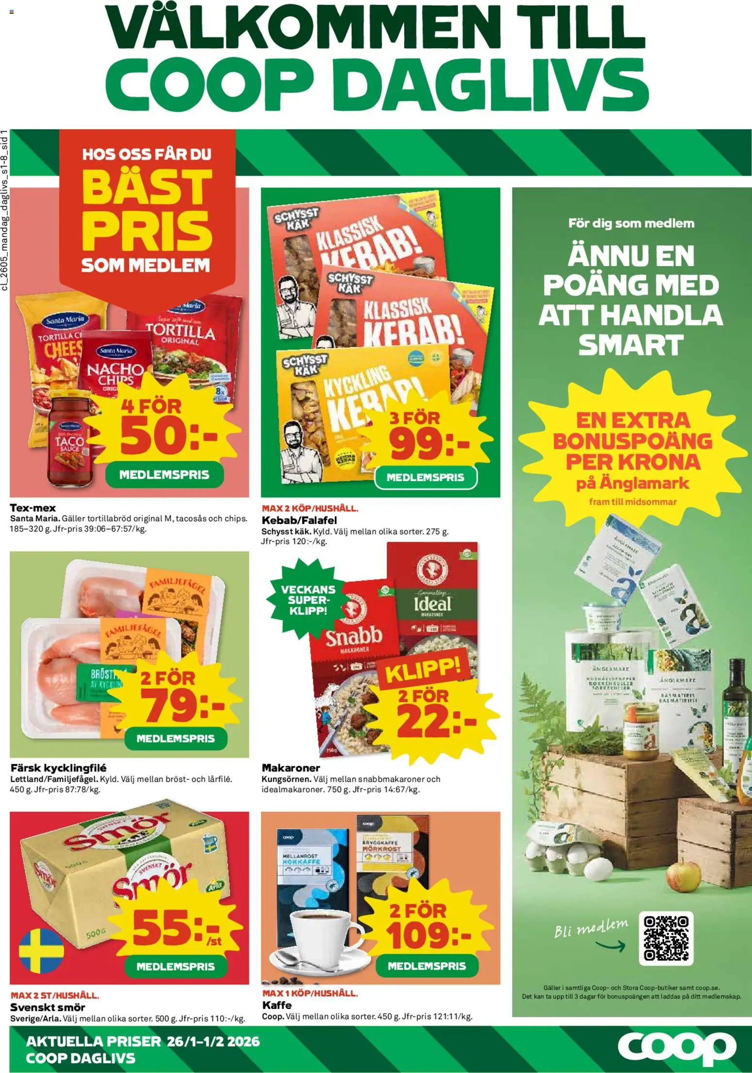 Coop Forum reklamblad aktuell från 26.01.2026 | Sida: 1 | Produkter: Kycklingfile, Galler, Smör, Kaffe