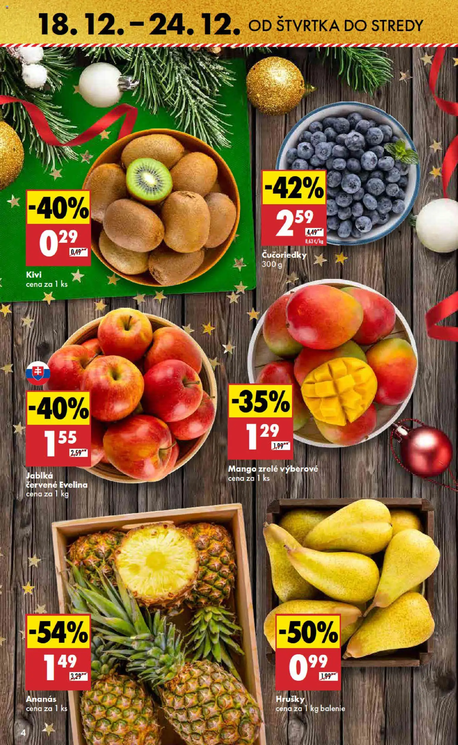 Nové Biedronka akcie – leták je platný od 18.12.2025 | Strana: 4 | Produkty: Jablká, Ananás, Čučoriedky, Hrušky