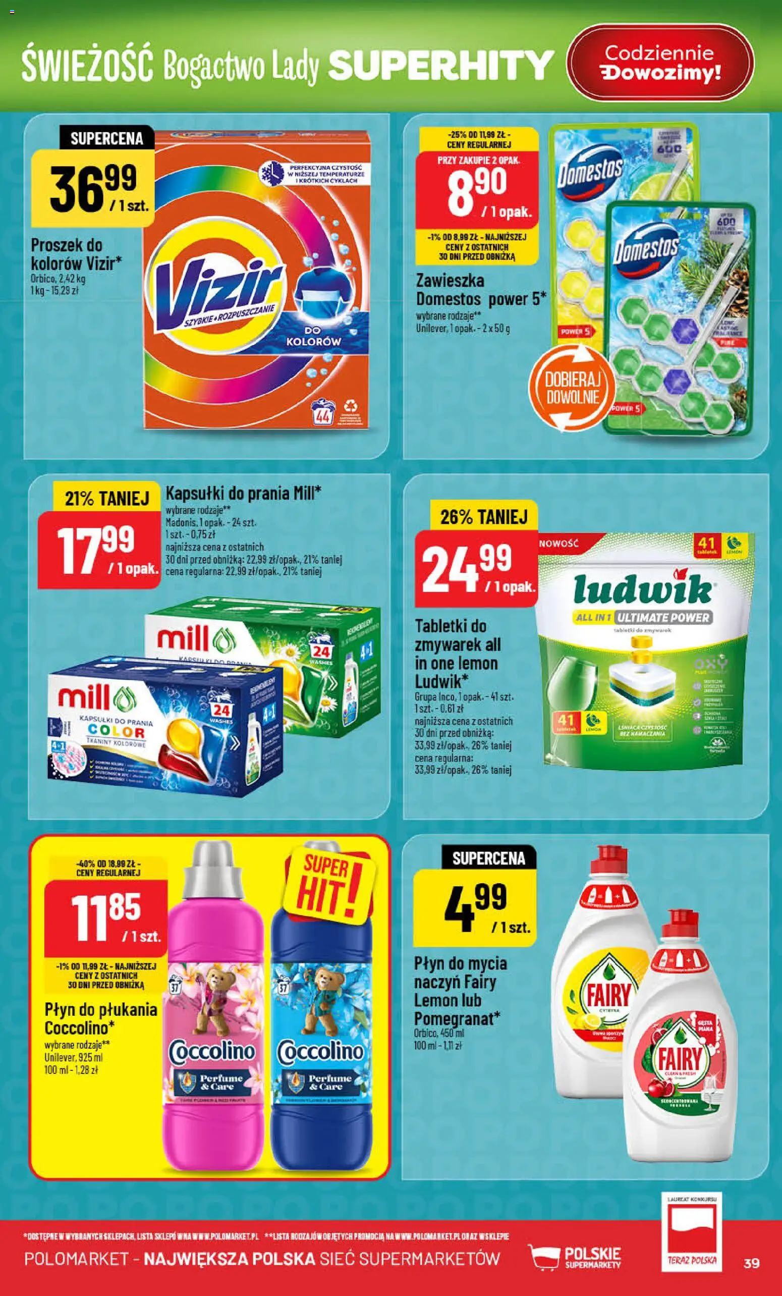POLOmarket Gazetka od 21.01.2026 | Strona: 39 | Produkty: Coccolino, Domestos, Kapsułki do prania, Fairy