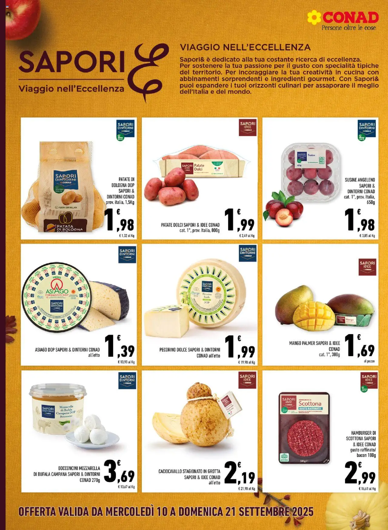 Volantino Conad del 10.09.2025 | Pagina: 6 | Prodotti: Patate, Mozzarella, Mango, Hamburger