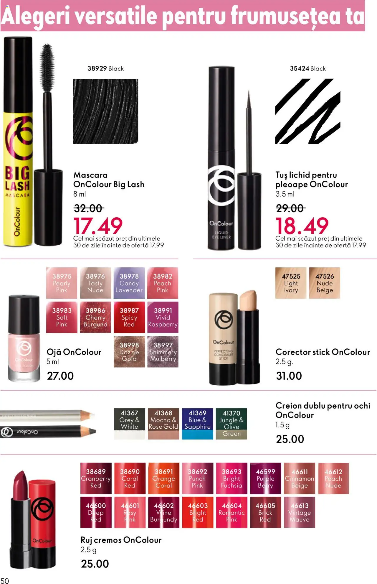 Noul catalog Oriflame – valabil de la 01.10.2025 | Pagină: 50 | Produse: Concealer, Mascara, Ruj, Ojă