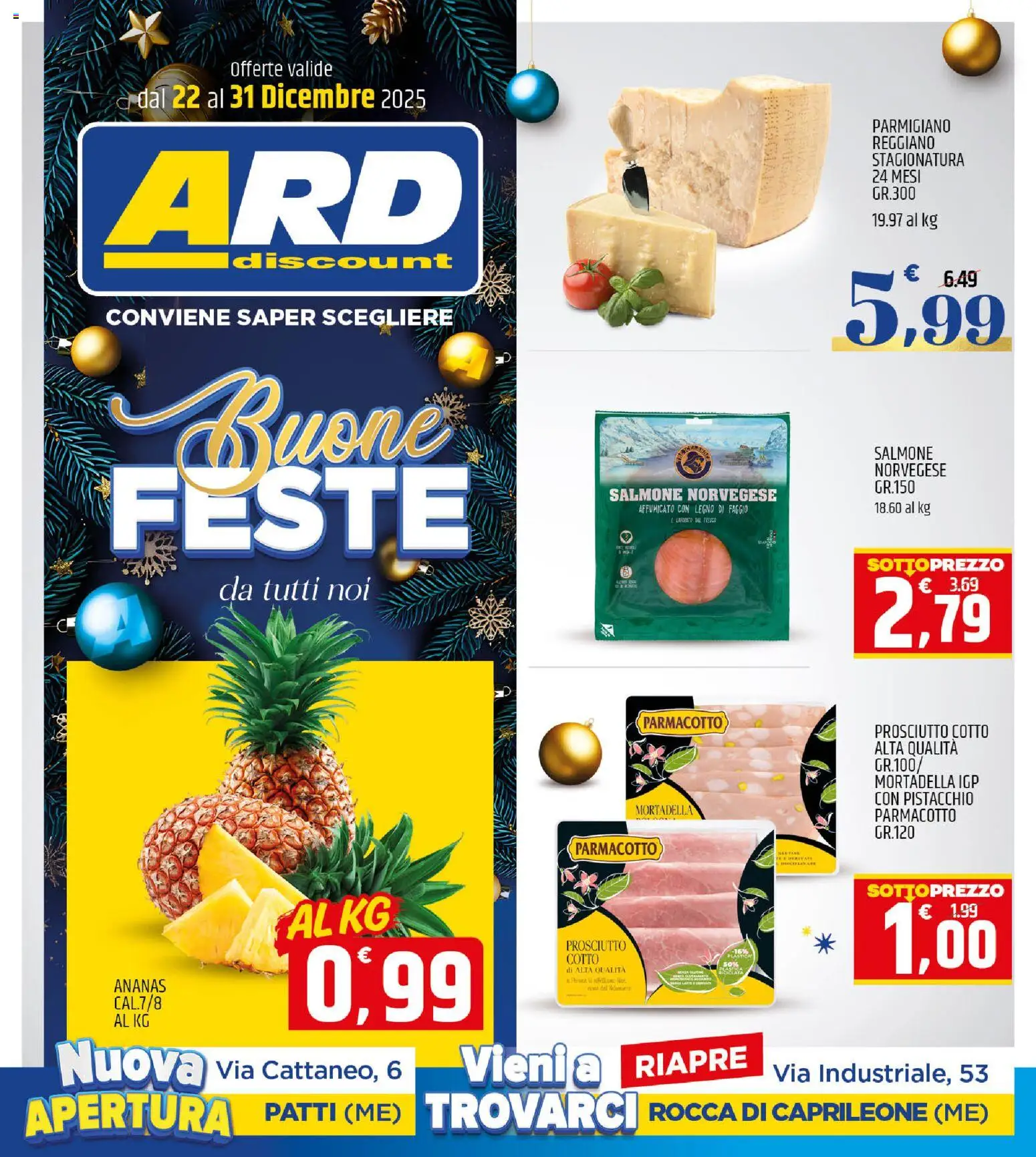 Volantino ARD Discount del 22.12.2025 | Pagina: 1 | Prodotti: Salmone, Prosciutto, Mortadella, Parmigiano reggiano