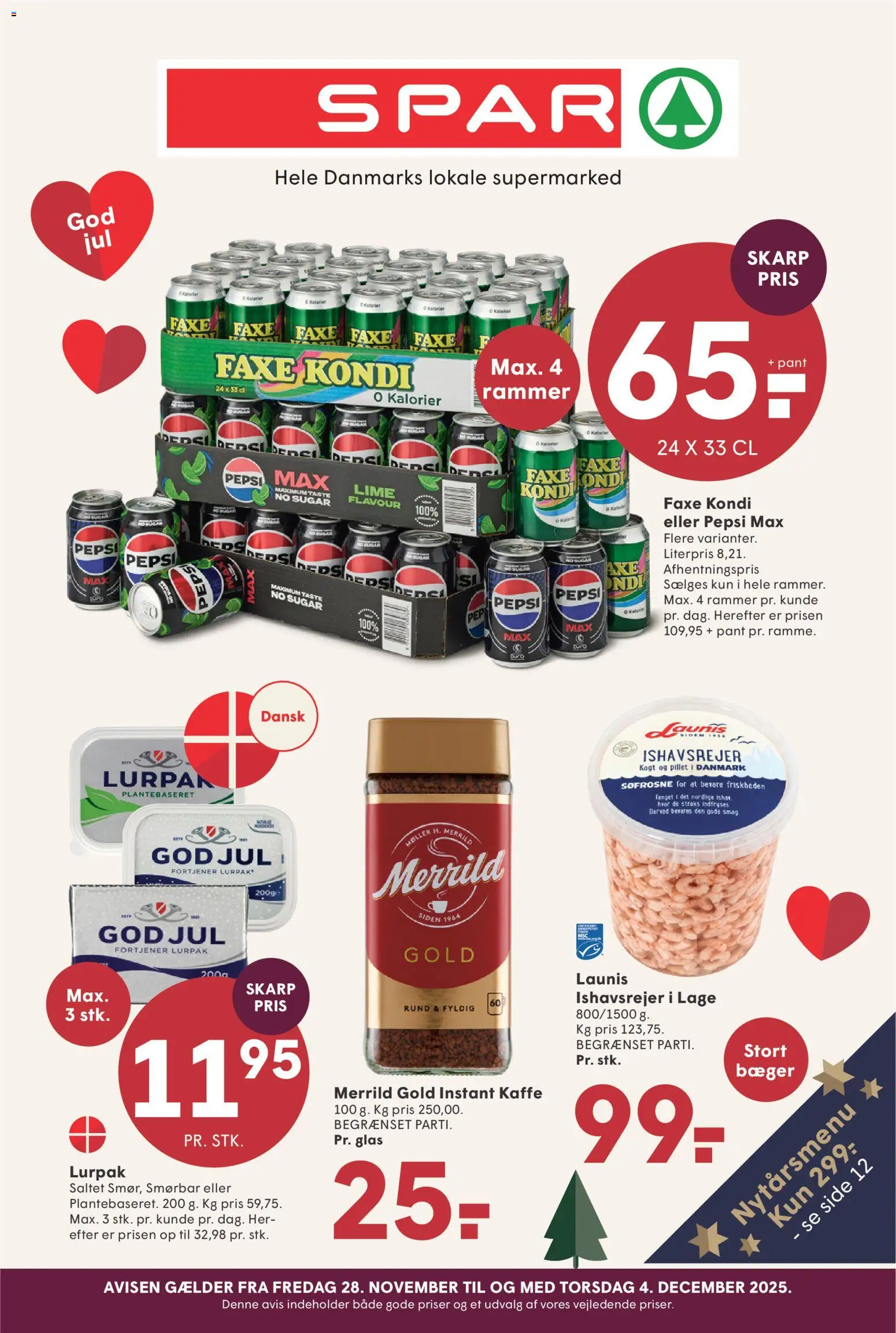 Spar tilbudsavis – gyldig fra 28.11.2025 | Side: 1 | Produkter: Rammer, Faxe Kondi, Pepsi, Pepsi Max