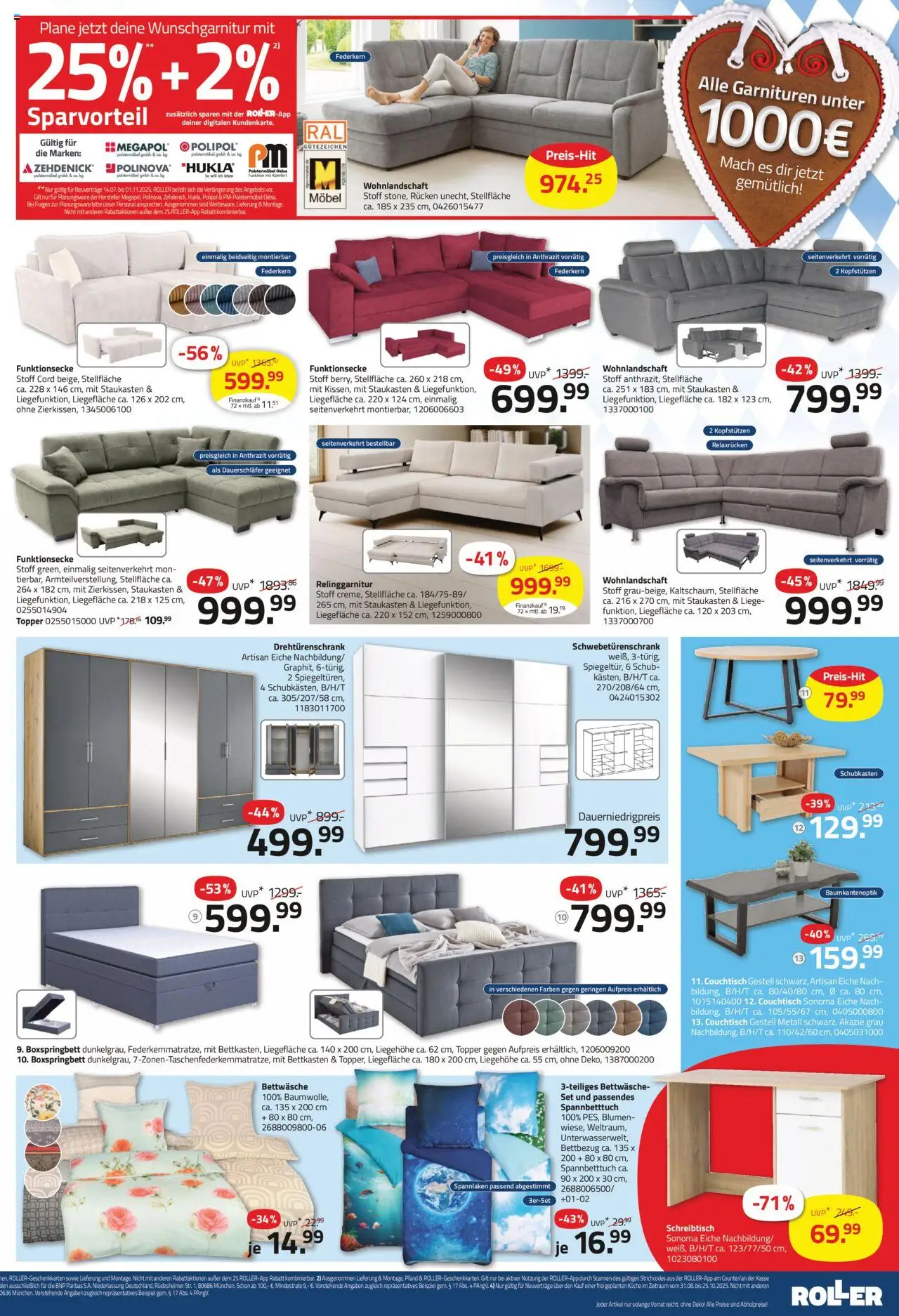 Roller Prospekt 	 – gültig ab 28.09.2025 | Seite: 3 | Produkte: Schwebetürenschrank, Boxspringbett, Couchtisch, Bettwäsche