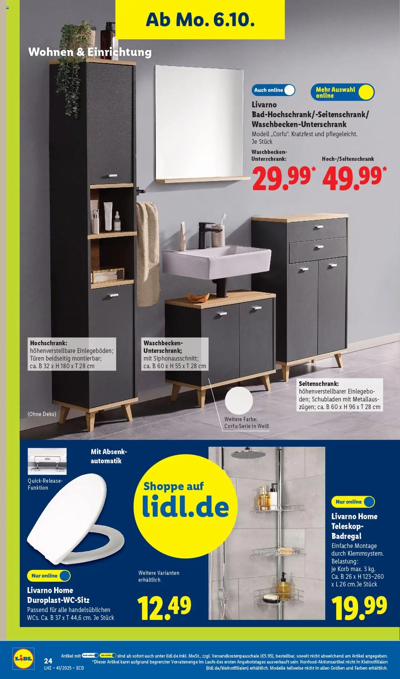 Lidl Prospekt Gundelsheim – gültig ab 06.10.2025 | Seite: 18 | Produkte: Waschbecken, Badregal, Unterschrank, Hochschrank