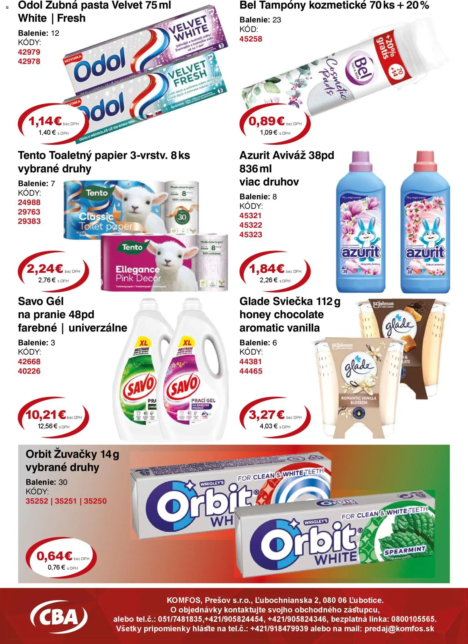 Nové CBA Komfos akcie – leták je platný od 20.02.2026 | Strana: 12 | Produkty: Savo, Toaletný papier, Zubná pasta, Aviváž