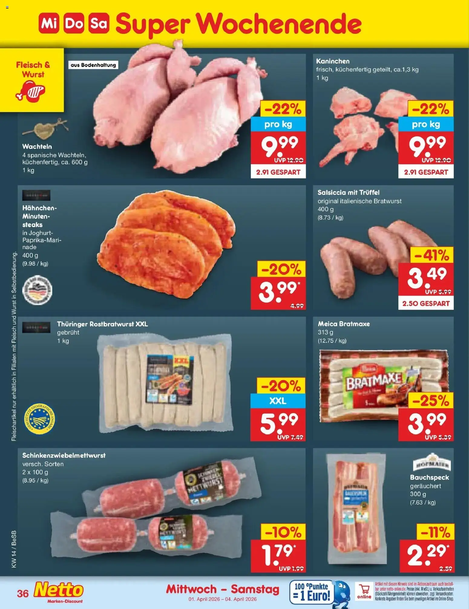 Netto Marken-Discount Prospekt Kremmen	 – gültig ab 30.03.2026 | Seite: 50 | Produkte: Kaninchen, Bratwurst, Meica, Wurst