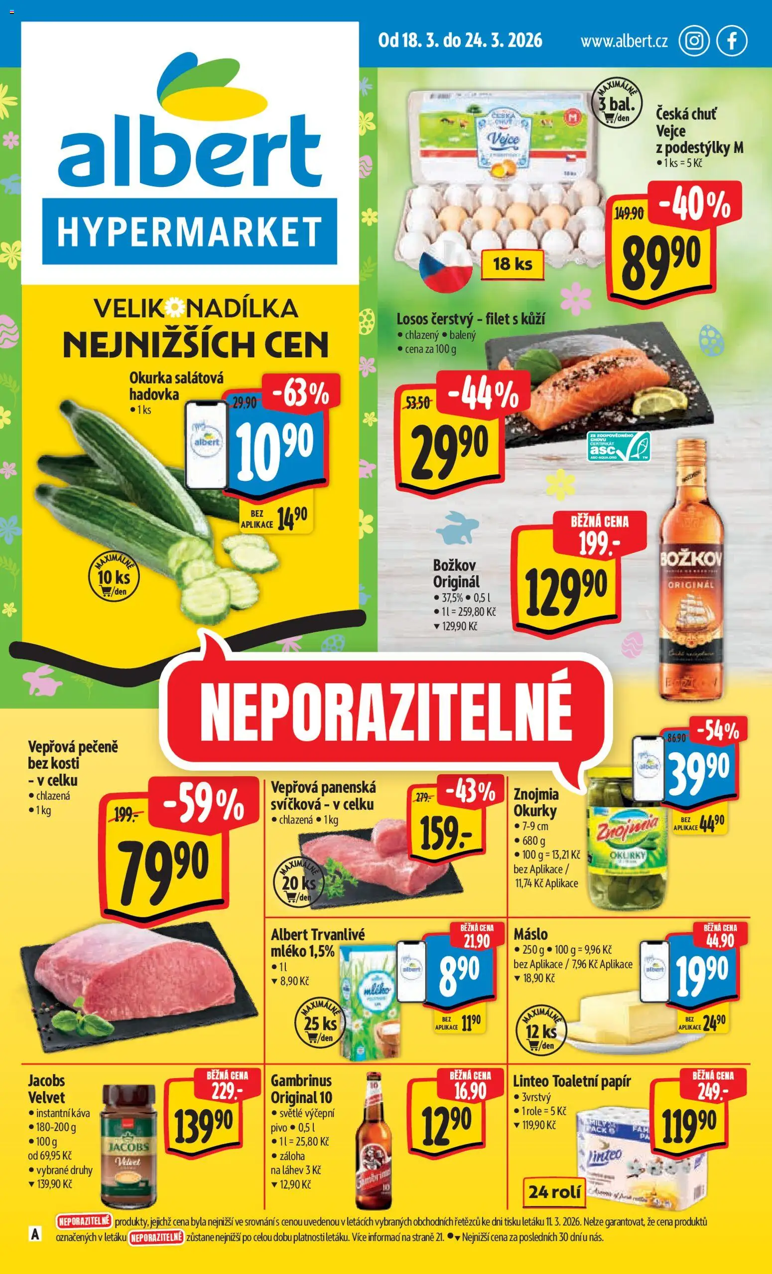 Albert leták - Hypermarket od 18.03.2026 | Strana: 1 | Produkty: Vepřová pečeně, Vejce, Okurky, Velvet