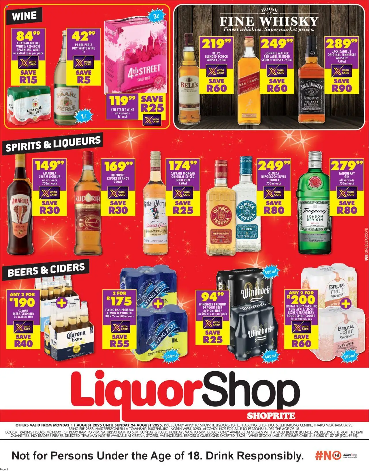 Shoprite Gauteng - LiquorShop Savings Lethabong │ valid from 11.08.2025 | Page: 2 | Products: Brandy, Rum, Wine, Beer
