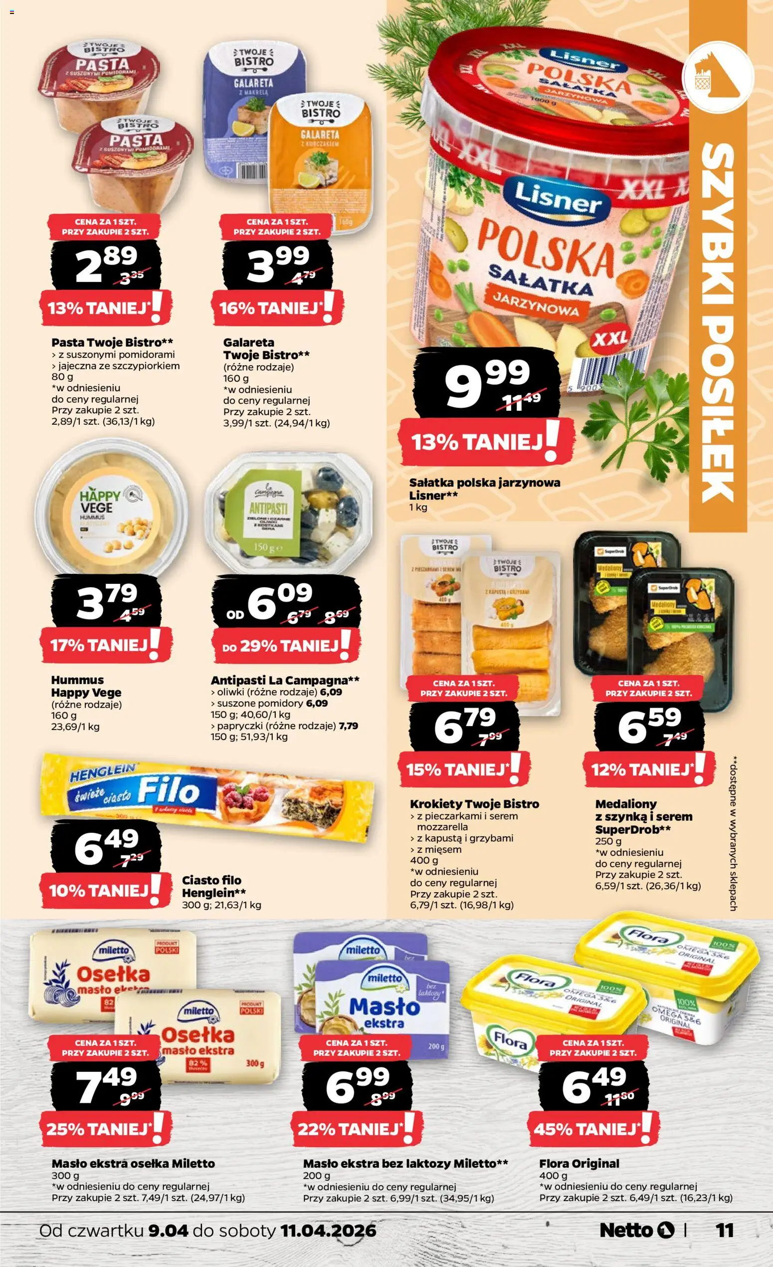 Netto gazetka od czwartku spożywcza od 09.04.2026 | Strona: 11 | Produkty: Bez laktozy, Suszone pomidory, Hummus, Sałatka