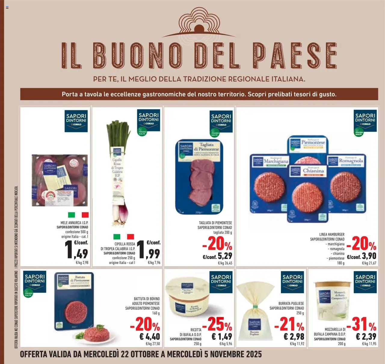 Volantino Conad del 22.10.2025 | Pagina: 40 | Prodotti: Bovino, Ricotta, Hamburger, Burrata