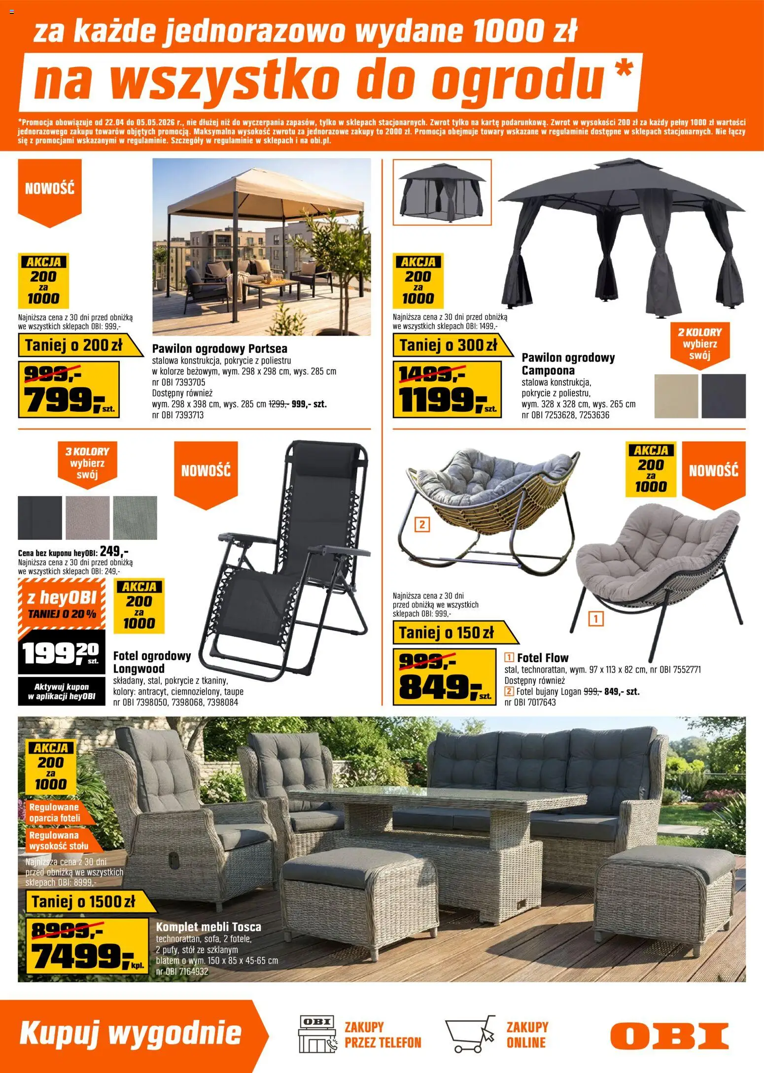 OBI gazetka od 22.04.2026 | Strona: 5 | Produkty: Fotel ogrodowy, Pawilon ogrodowy, Fotel, Stół