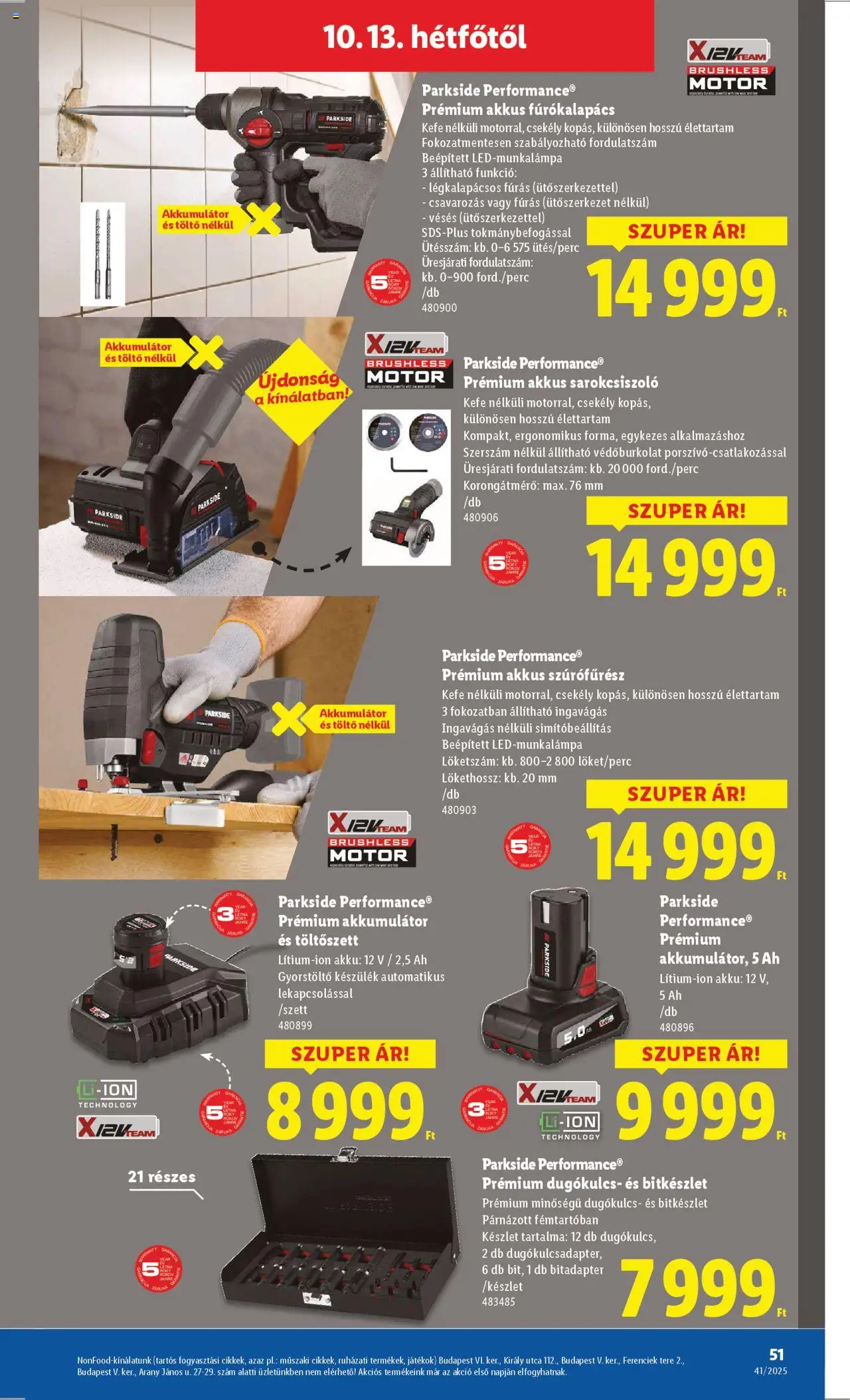 Lidl akciós ujság - amely érvényes a következő dátumtól: 09.10.2025 | Oldal: 51 | Termékek: Parkside, Gyorstöltő, Fúrókalapács, Kefe